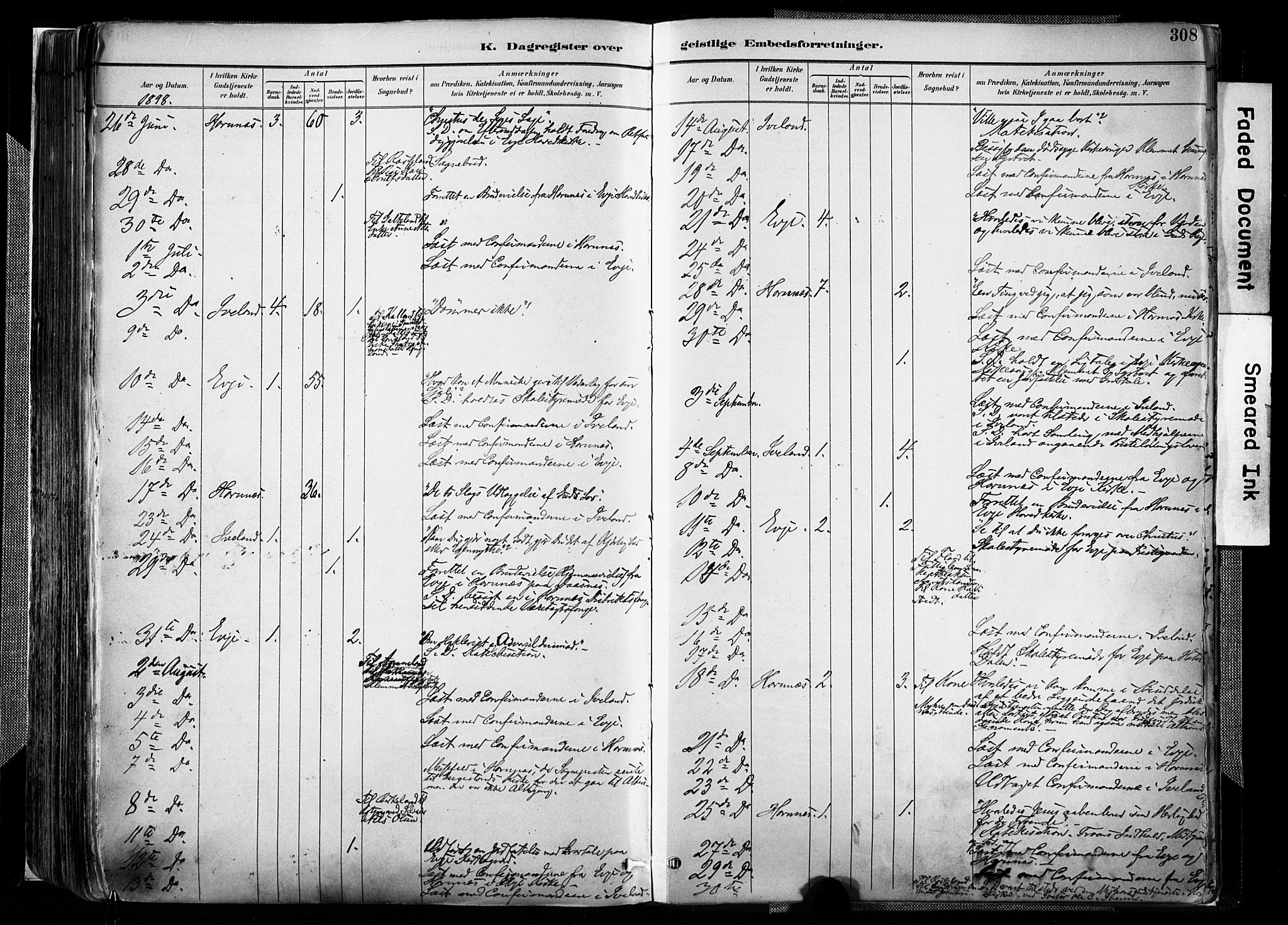 Evje sokneprestkontor, AV/SAK-1111-0008/F/Fa/Faa/L0007: Parish register (official) no. A 7, 1884-1909, p. 308