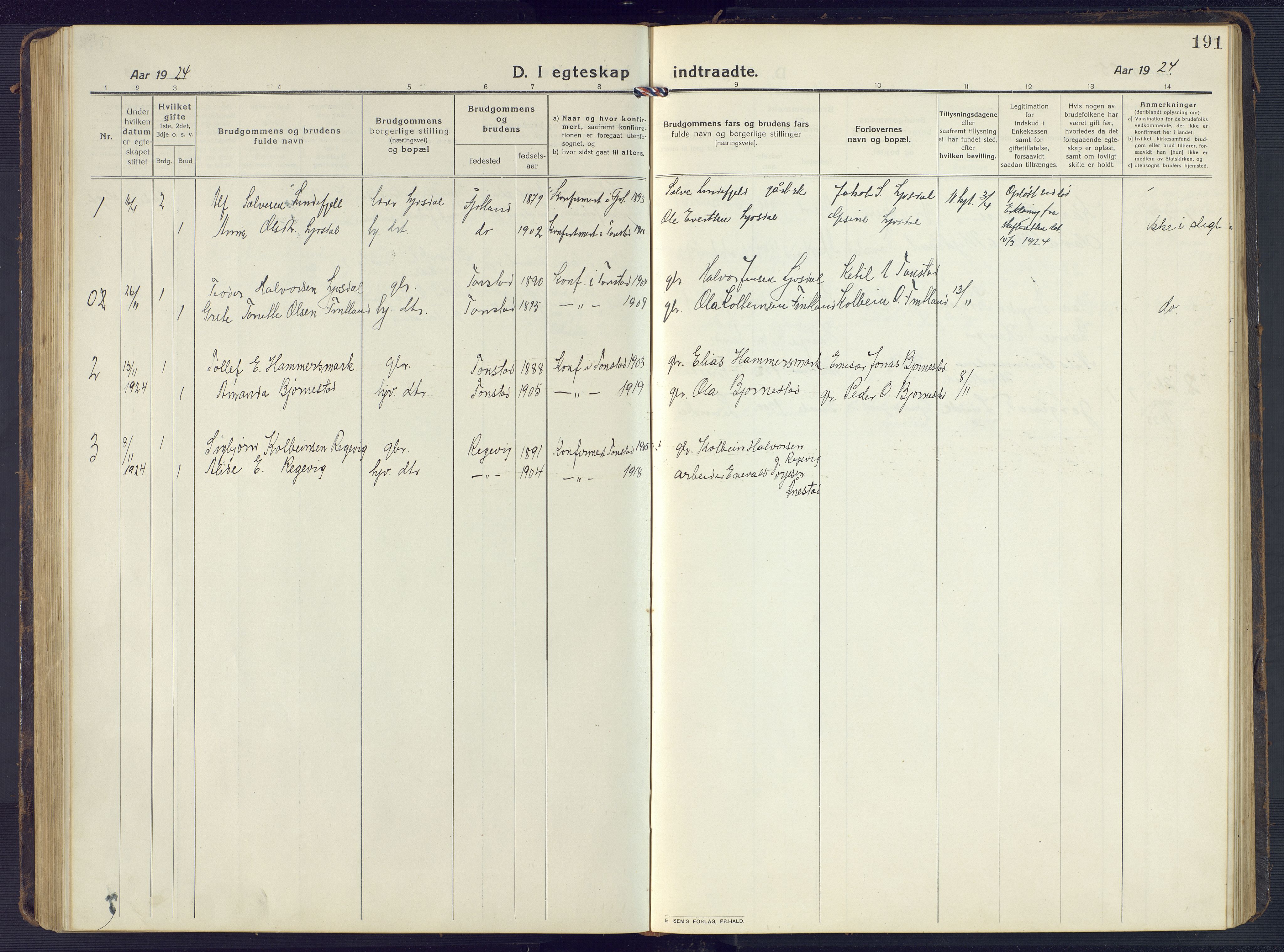 Sirdal sokneprestkontor, SAK/1111-0036/F/Fb/Fbb/L0005: Parish register (copy) no. B 5, 1916-1960, p. 191