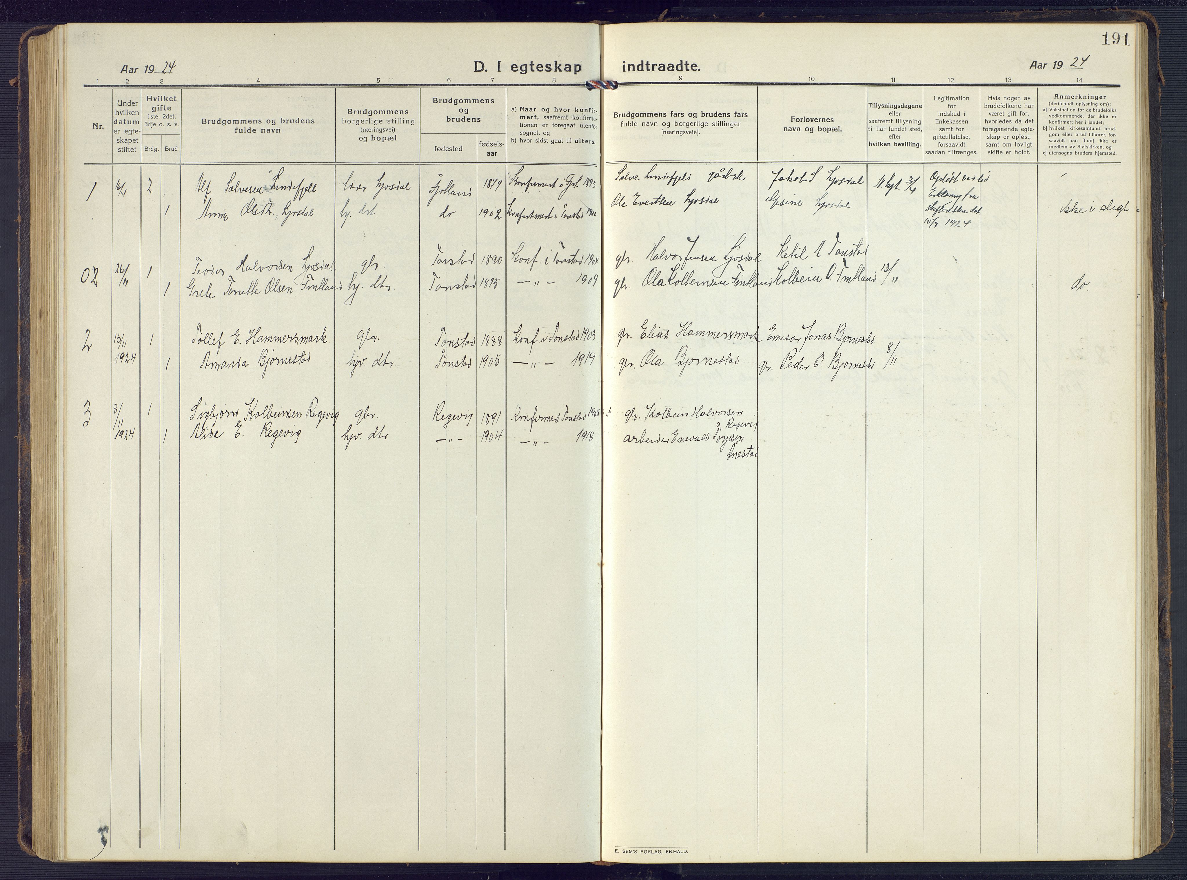 Sirdal sokneprestkontor, AV/SAK-1111-0036/F/Fb/Fbb/L0005: Parish register (copy) no. B 5, 1916-1960, p. 191