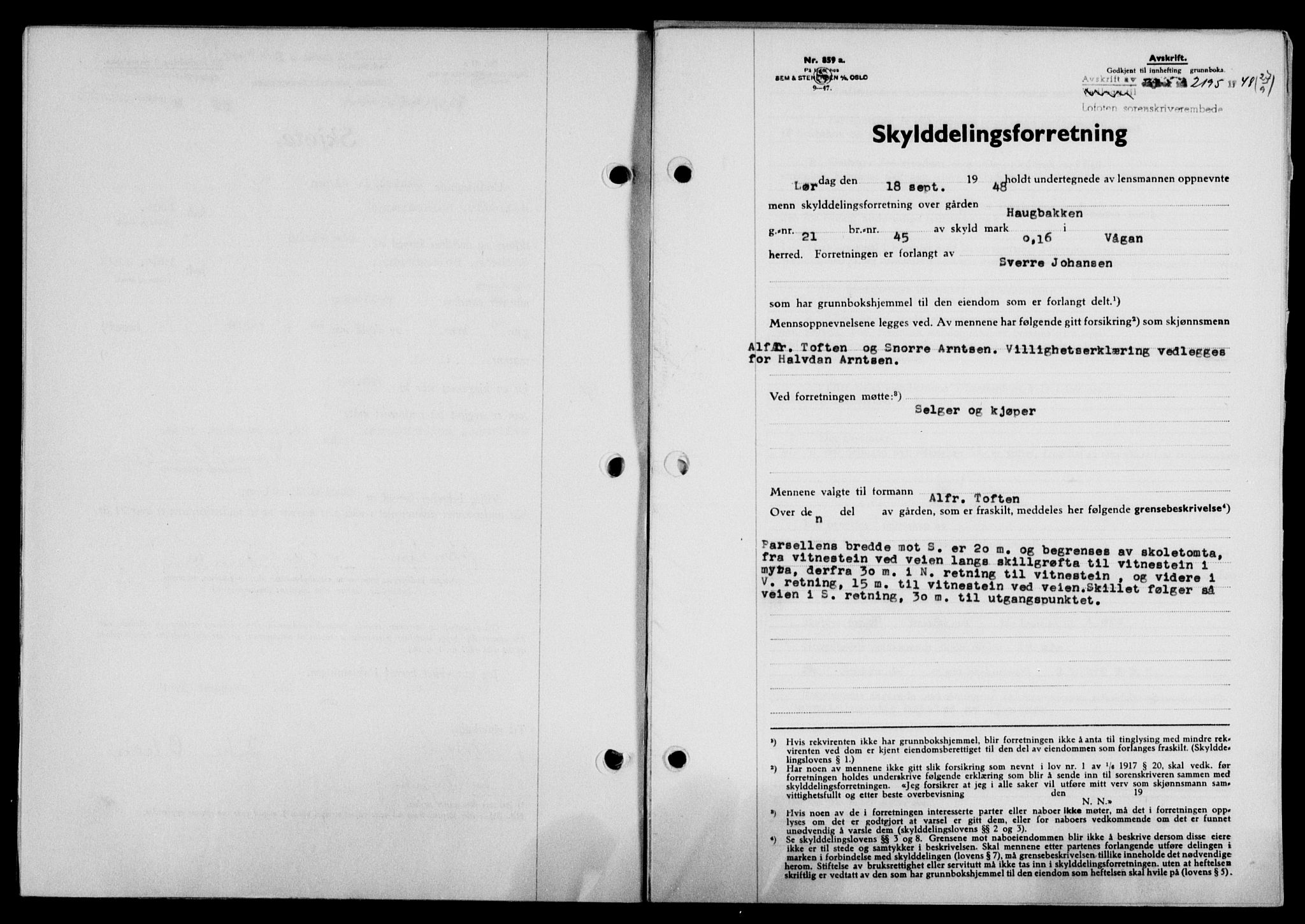 Lofoten sorenskriveri, SAT/A-0017/1/2/2C/L0019a: Mortgage book no. 19a, 1948-1948, Diary no: : 2195/1948