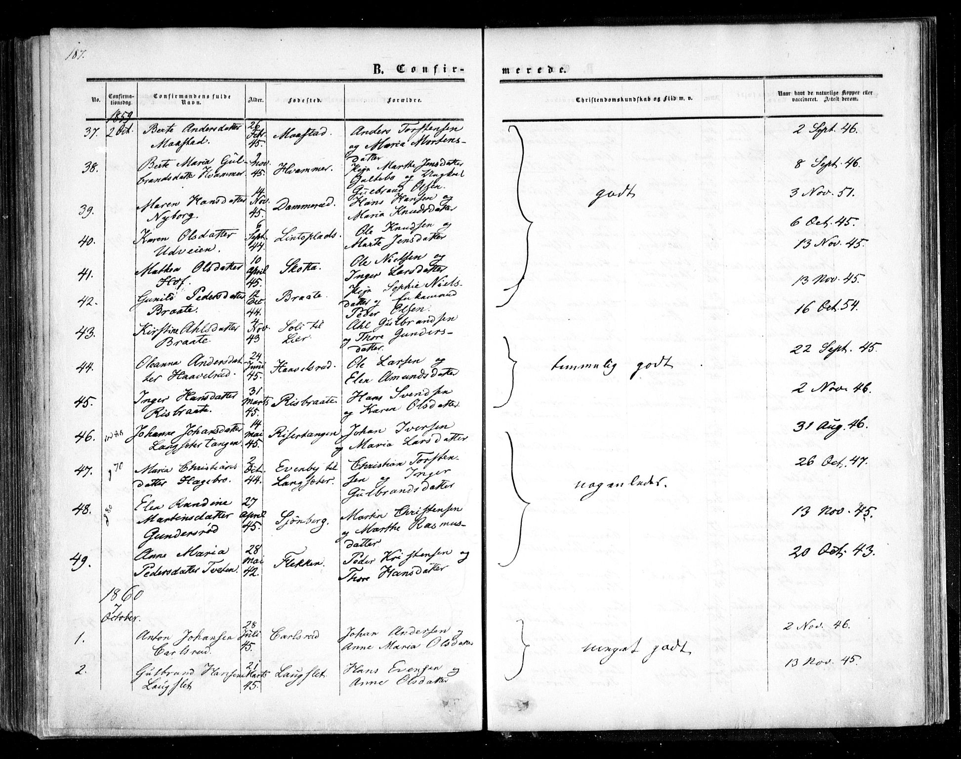 Trøgstad prestekontor Kirkebøker, SAO/A-10925/F/Fa/L0008.a: Parish register (official) no. I 8A, 1855-1864, p. 187