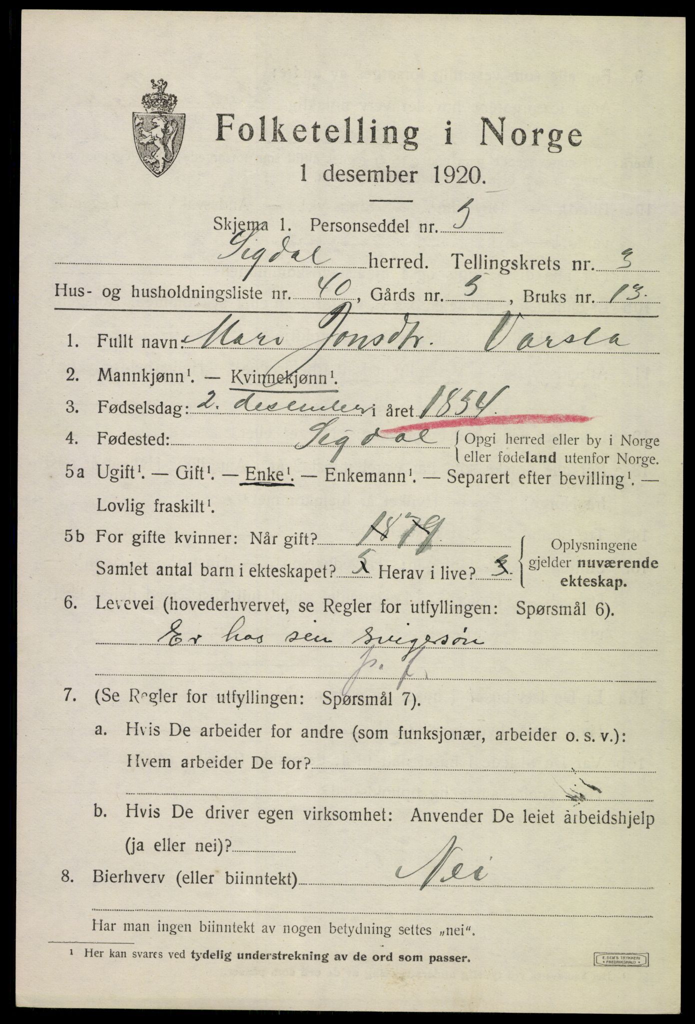 SAKO, 1920 census for Sigdal, 1920, p. 3152