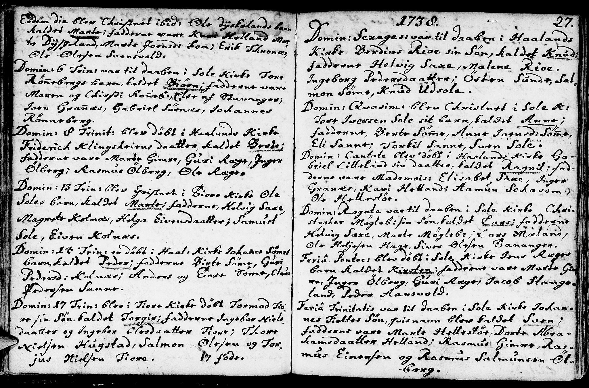 Håland sokneprestkontor, AV/SAST-A-101802/001/30BA/L0002: Parish register (official) no. A 2, 1722-1794, p. 27