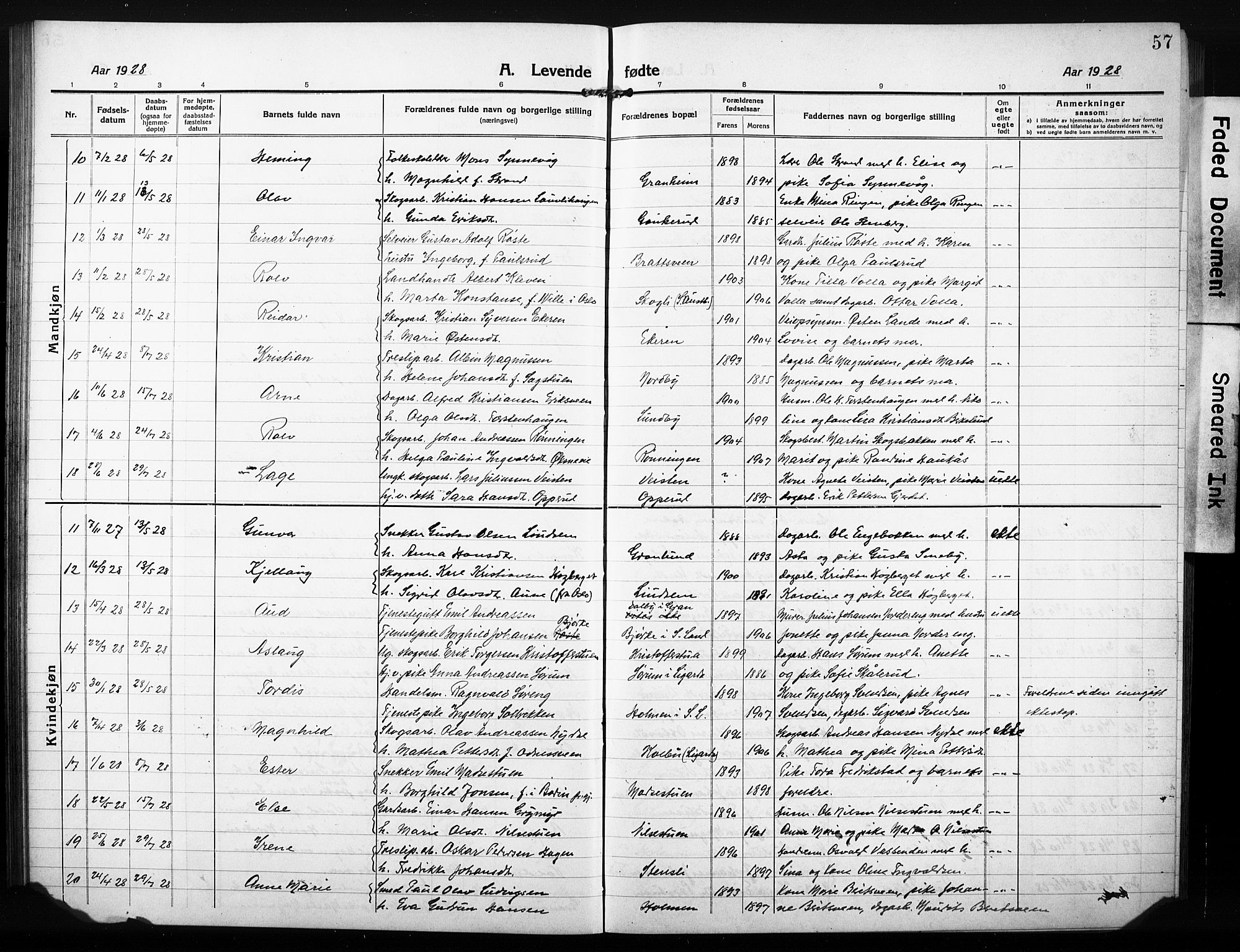 Søndre Land prestekontor, AV/SAH-PREST-122/L/L0007: Parish register (copy) no. 7, 1915-1932, p. 57