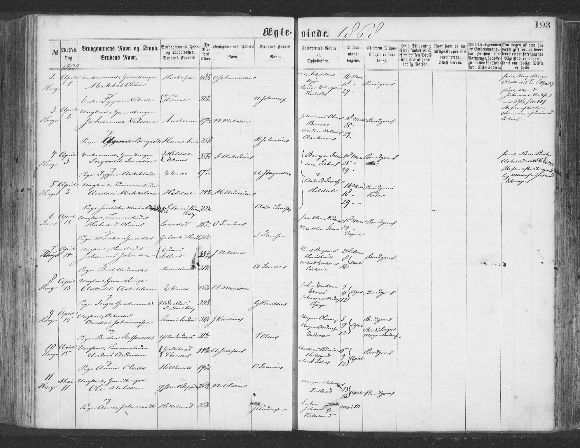 Hosanger sokneprestembete, AV/SAB-A-75801/H/Haa: Parish register (official) no. A 9, 1864-1876, p. 193