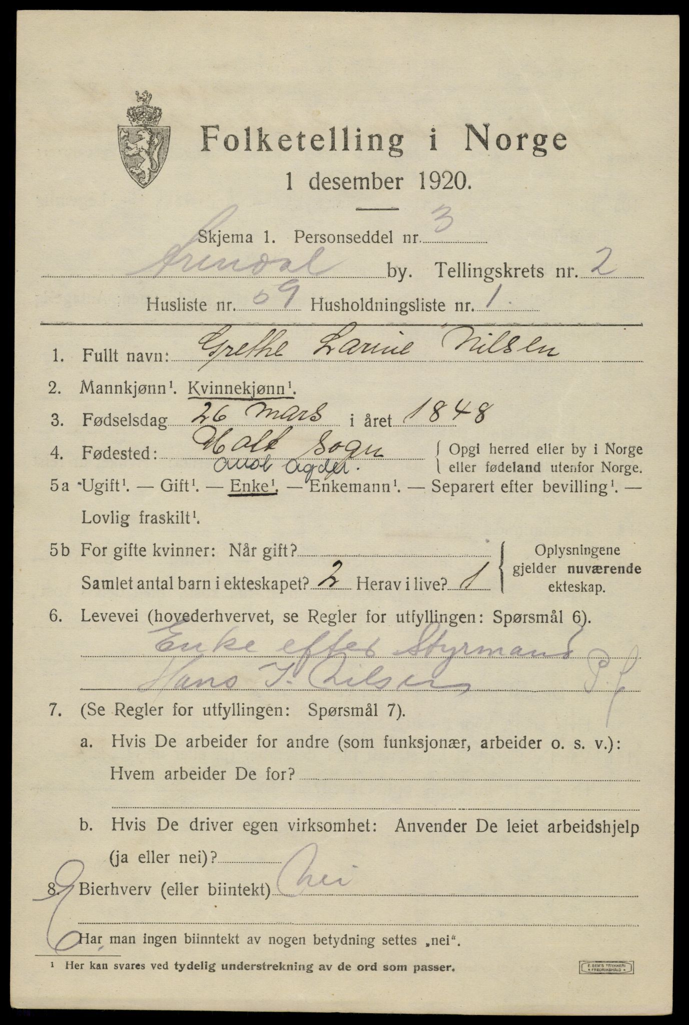 SAK, 1920 census for Arendal, 1920, p. 10778