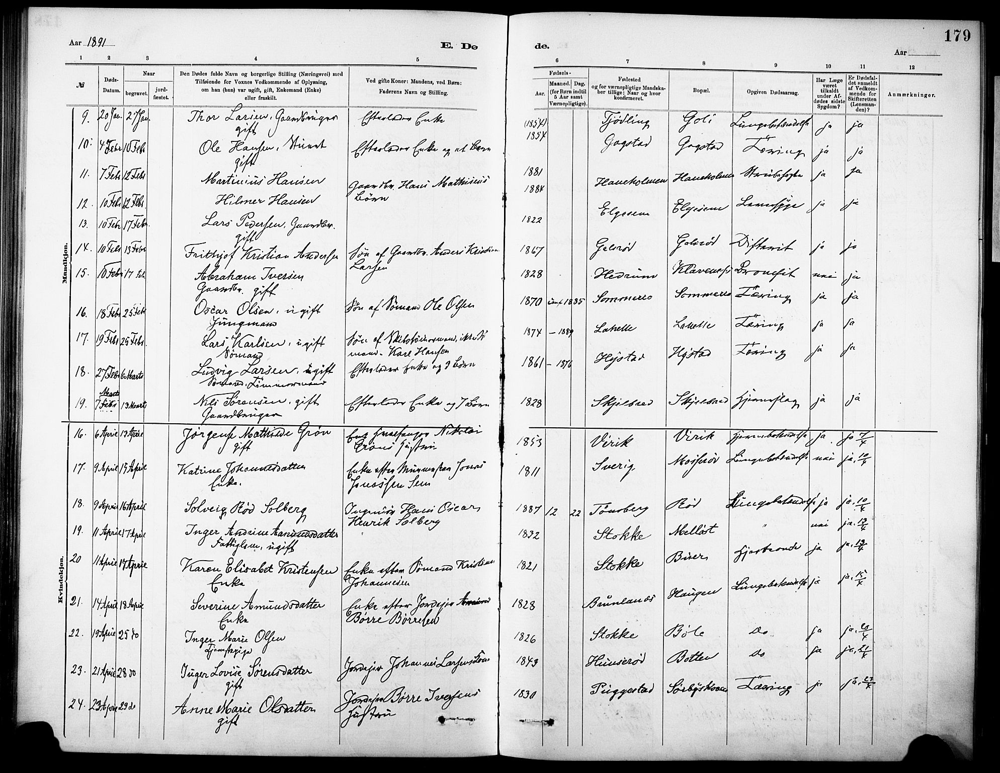 Sandar kirkebøker, AV/SAKO-A-243/F/Fa/L0013: Parish register (official) no. 13, 1883-1895, p. 179