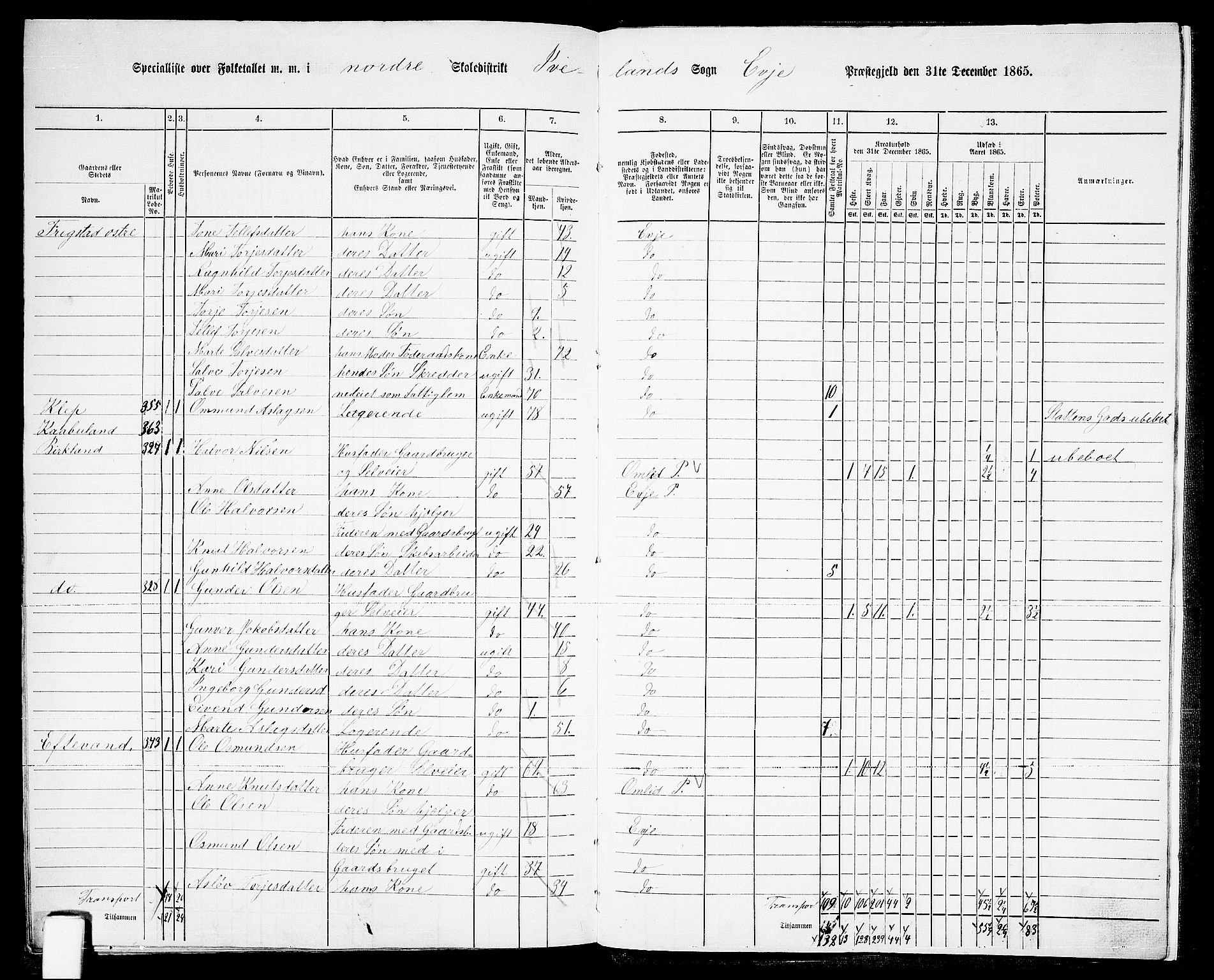 RA, 1865 census for Evje, 1865, p. 175