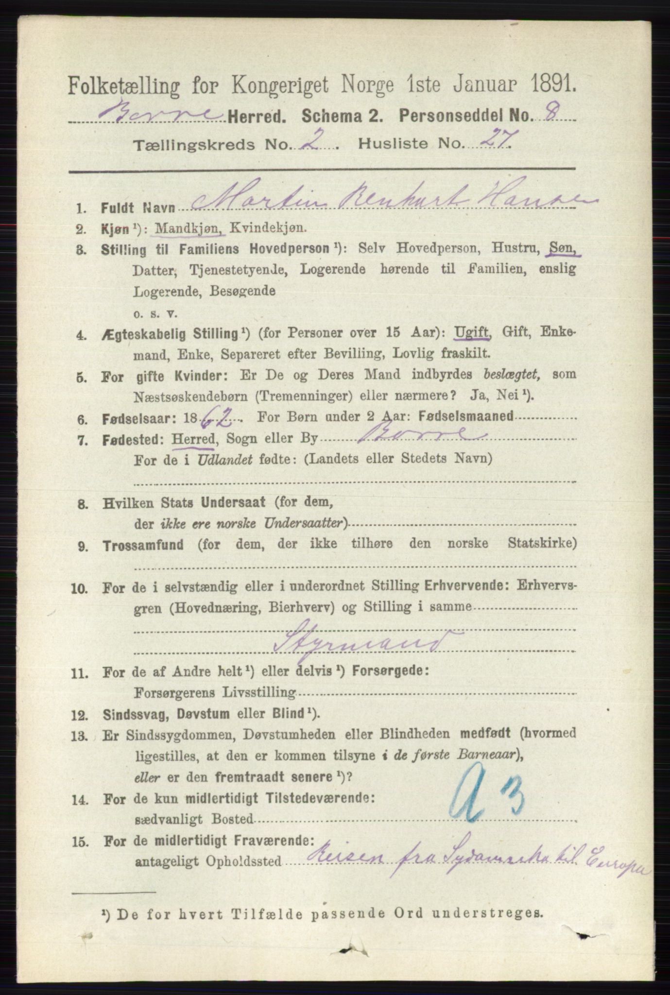 RA, 1891 census for 0717 Borre, 1891, p. 965