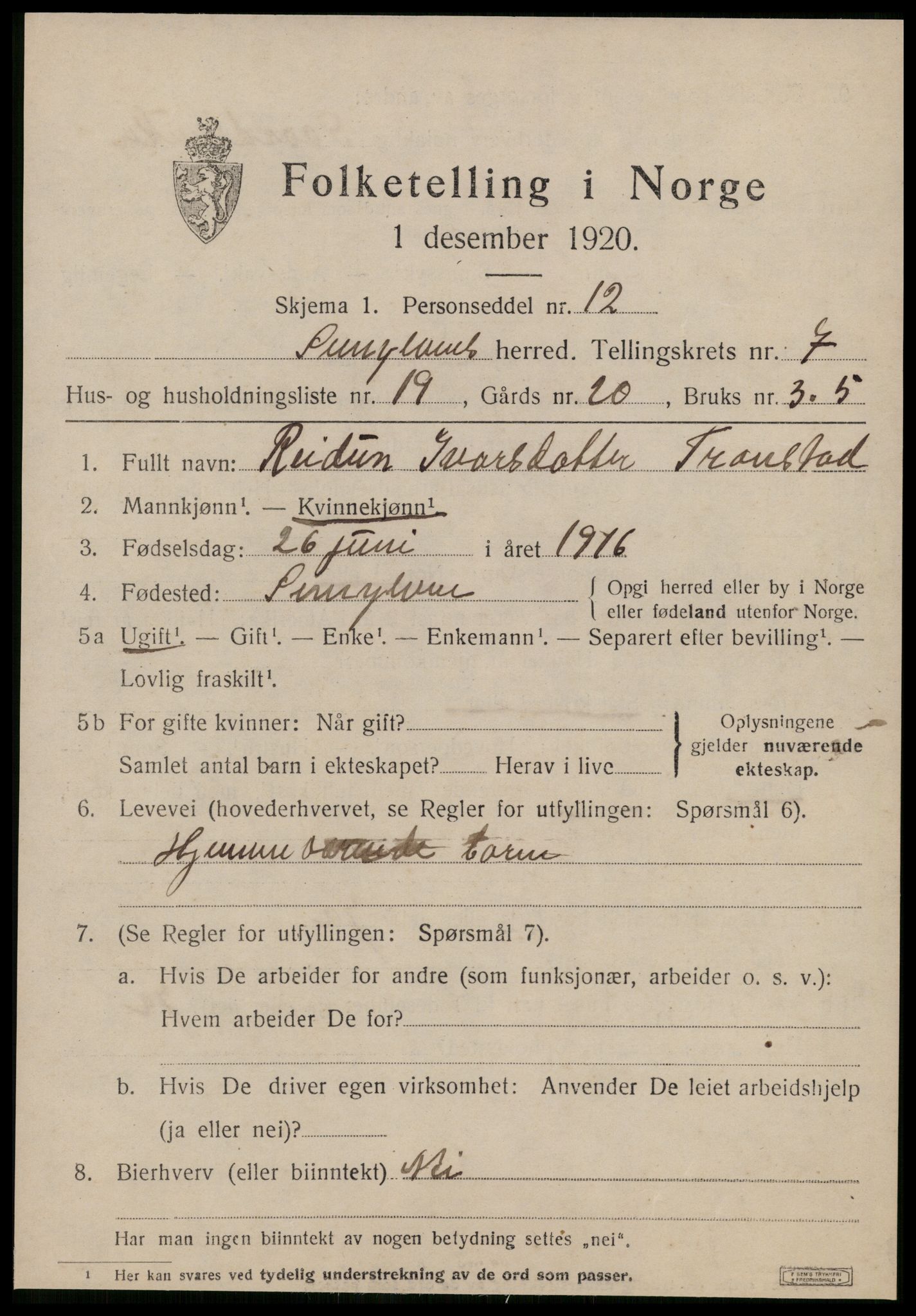 SAT, 1920 census for Sunnylven, 1920, p. 2768