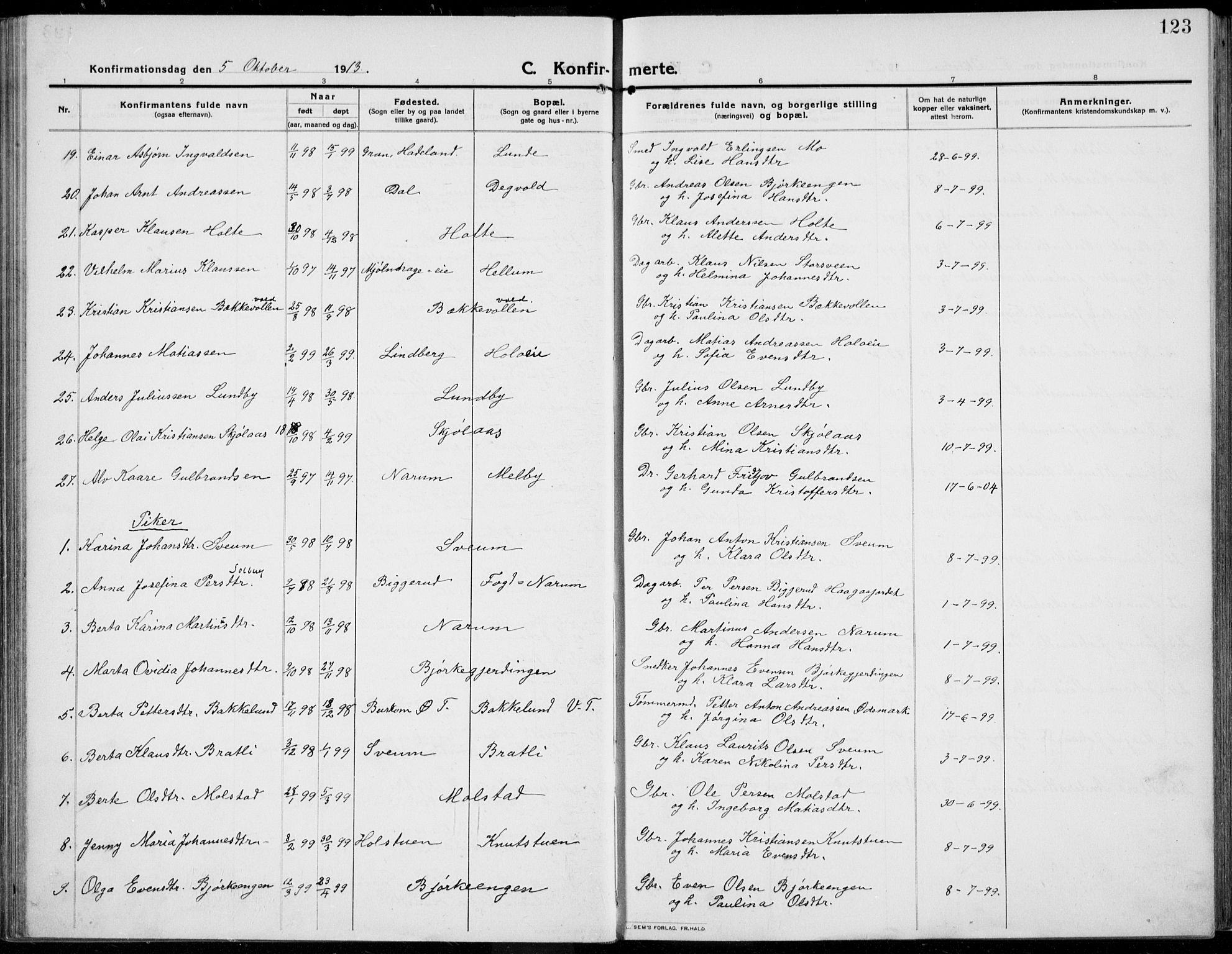 Kolbu prestekontor, SAH/PREST-110/H/Ha/Haa/L0002: Parish register (official) no. 2, 1912-1926, p. 123