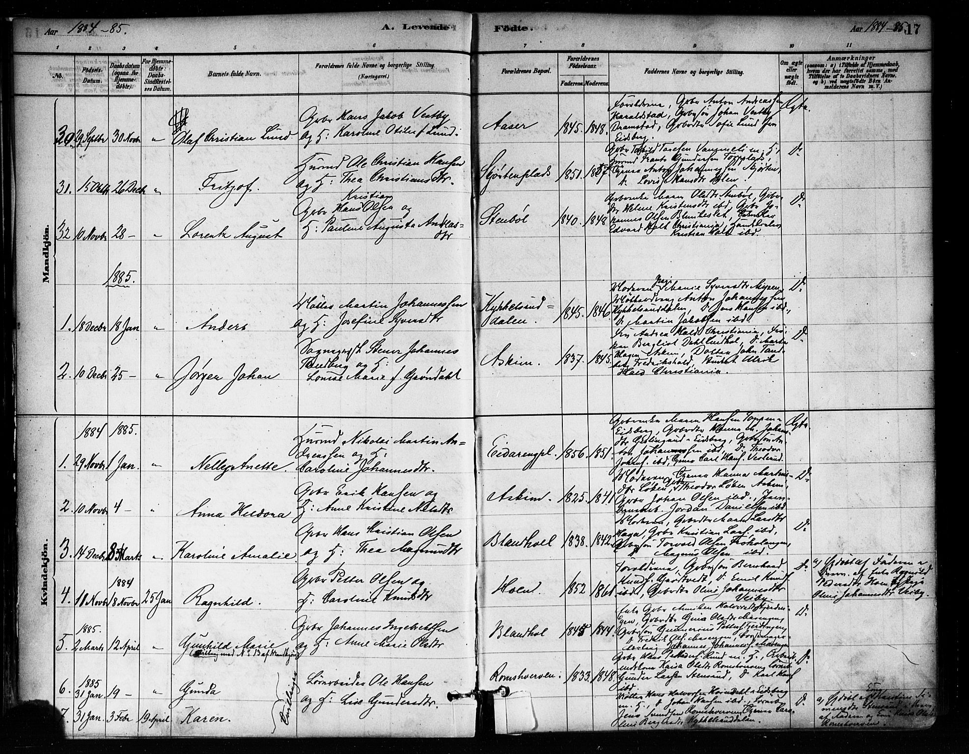 Askim prestekontor Kirkebøker, AV/SAO-A-10900/F/Fa/L0007: Parish register (official) no. 7, 1882-1897, p. 17