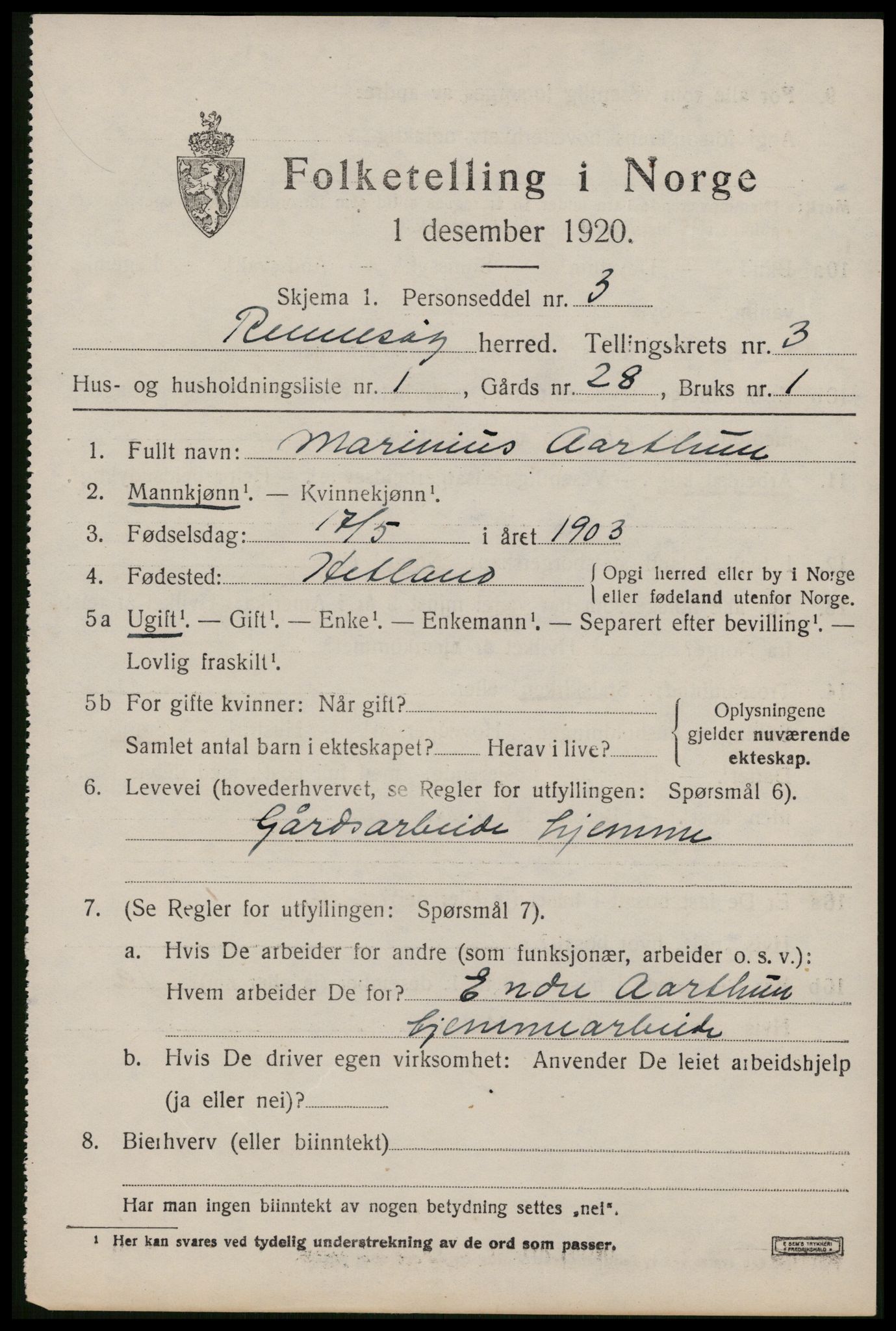 SAST, 1920 census for Rennesøy, 1920, p. 1940