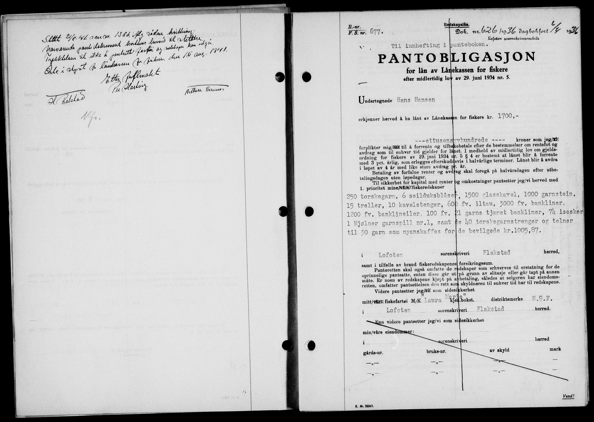 Lofoten sorenskriveri, SAT/A-0017/1/2/2C/L0033b: Mortgage book no. 33b, 1936-1936, Diary no: : 626/1936