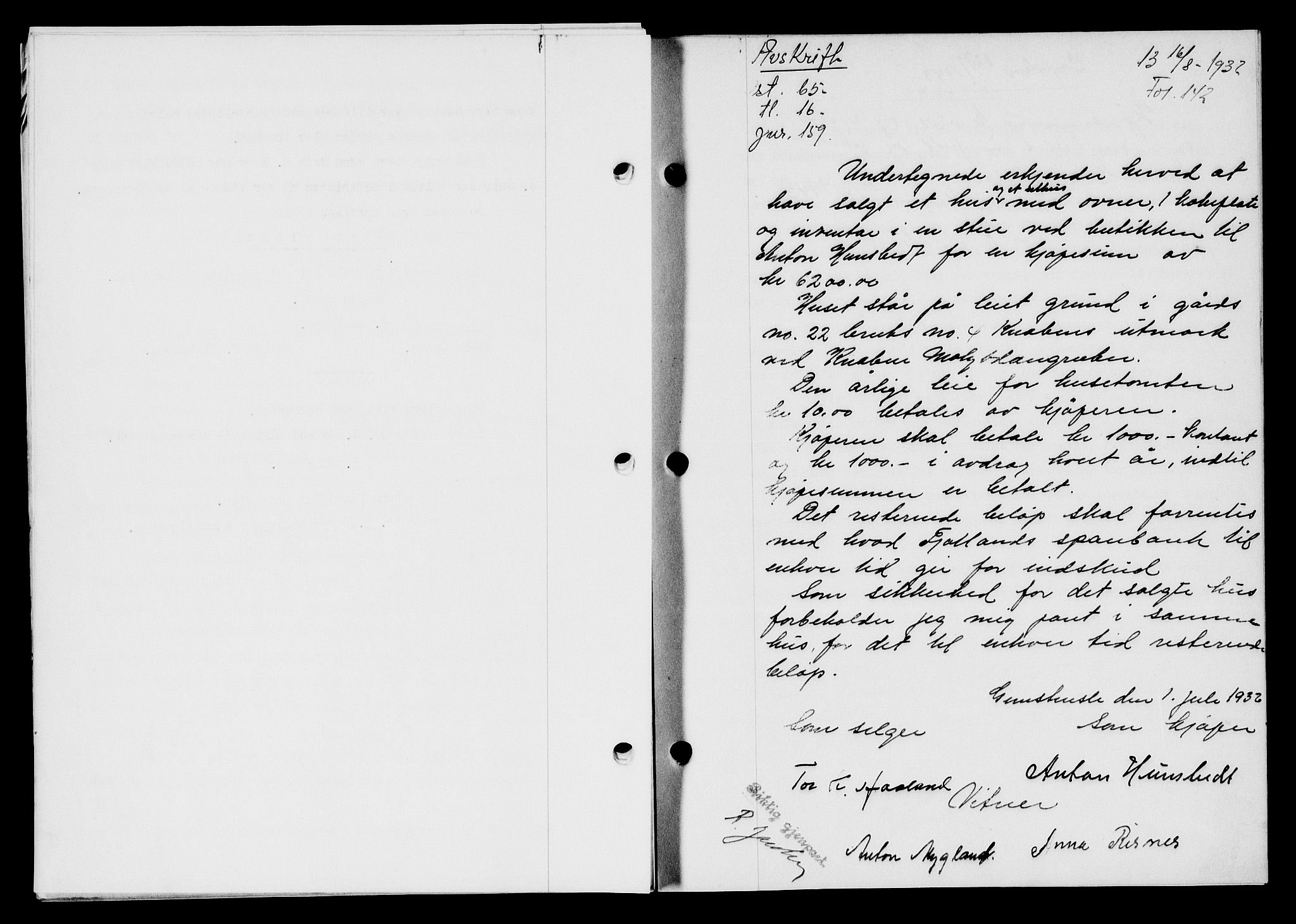 Flekkefjord sorenskriveri, SAK/1221-0001/G/Gb/Gba/L0047: Mortgage book no. 45, 1931-1932, Deed date: 06.09.1932