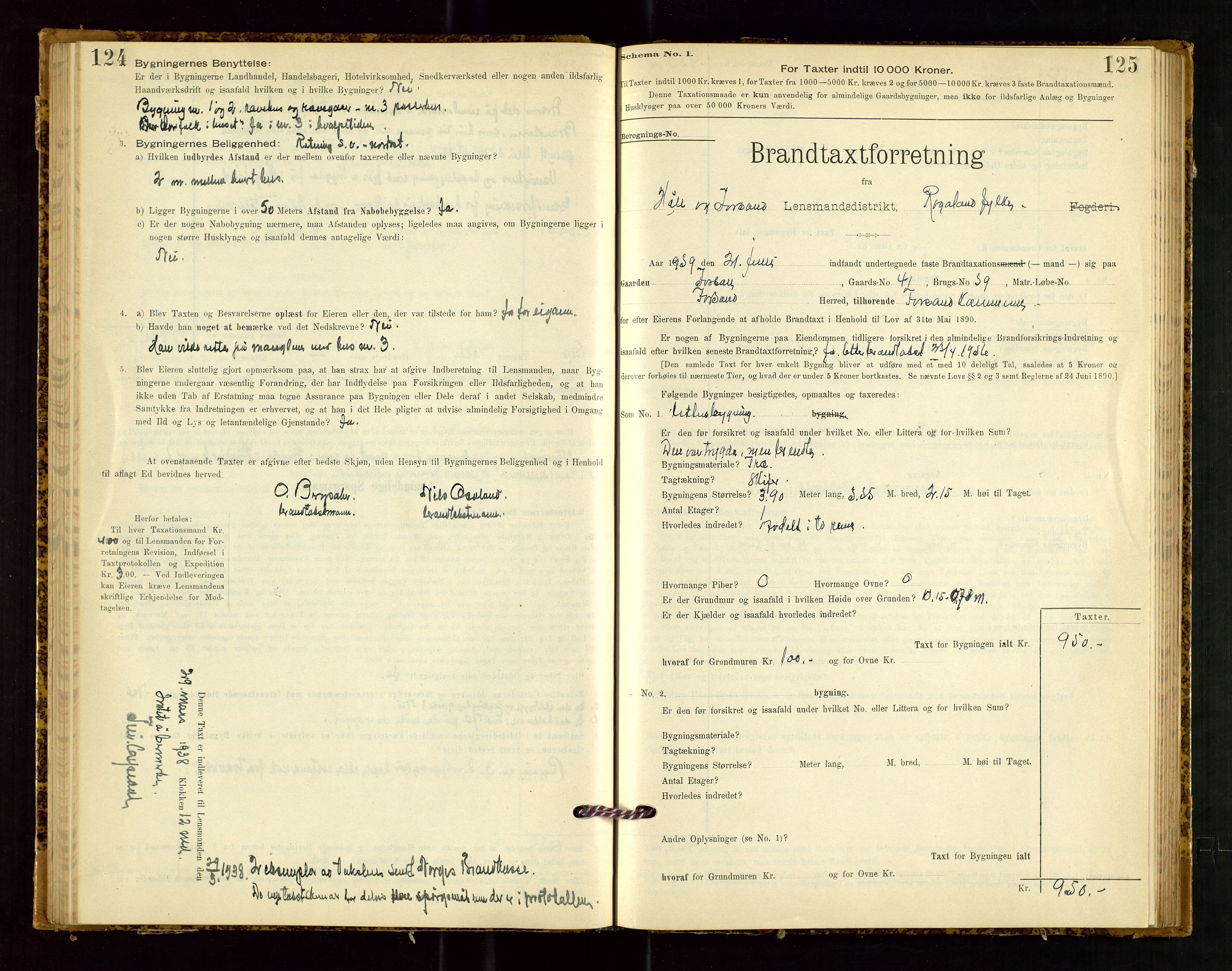 Høle og Forsand lensmannskontor, SAST/A-100127/Gob/L0001: "Brandtaxtprotokol" - skjematakst, 1897-1940, p. 124-125