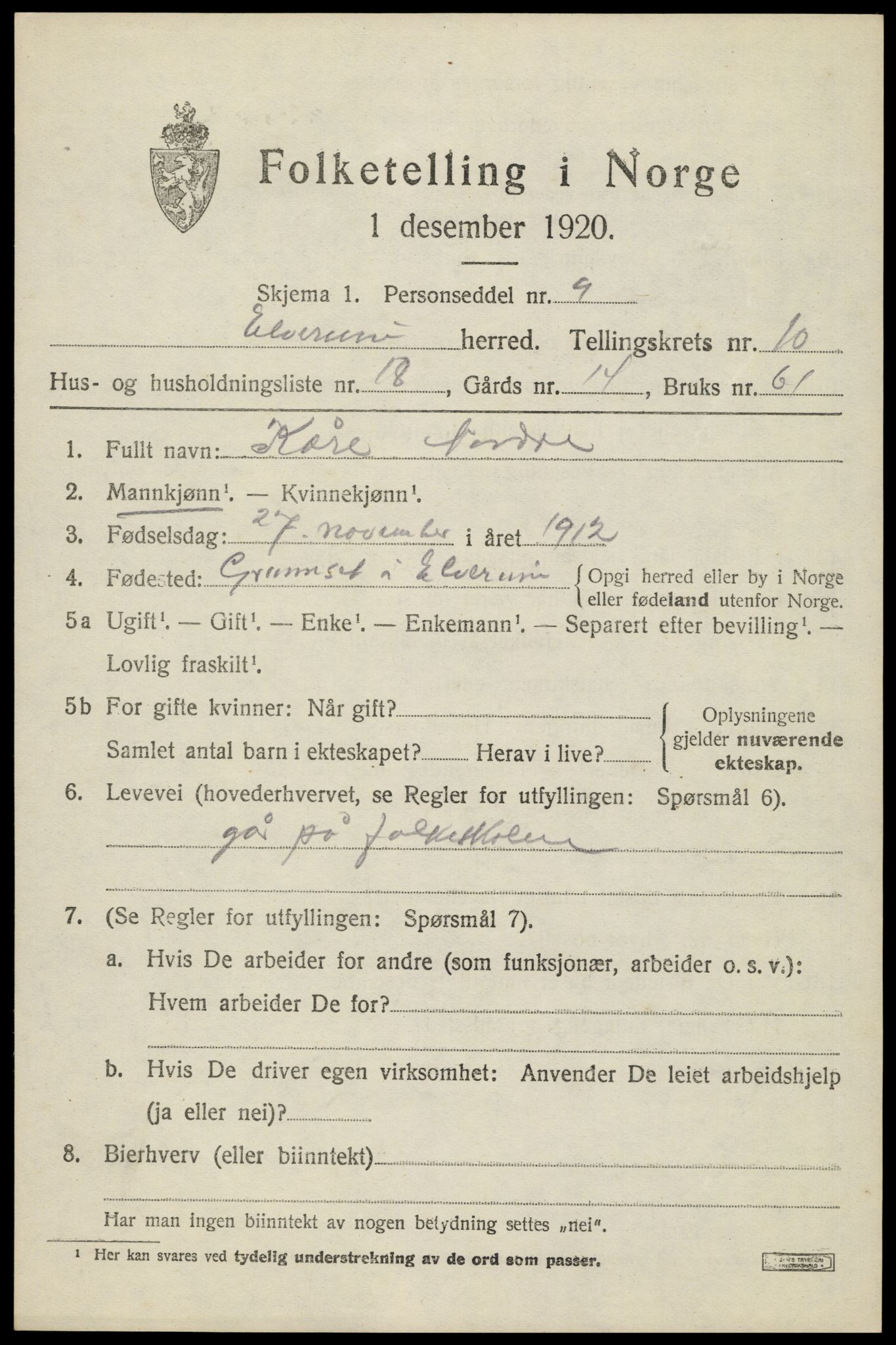 SAH, 1920 census for Elverum, 1920, p. 16054