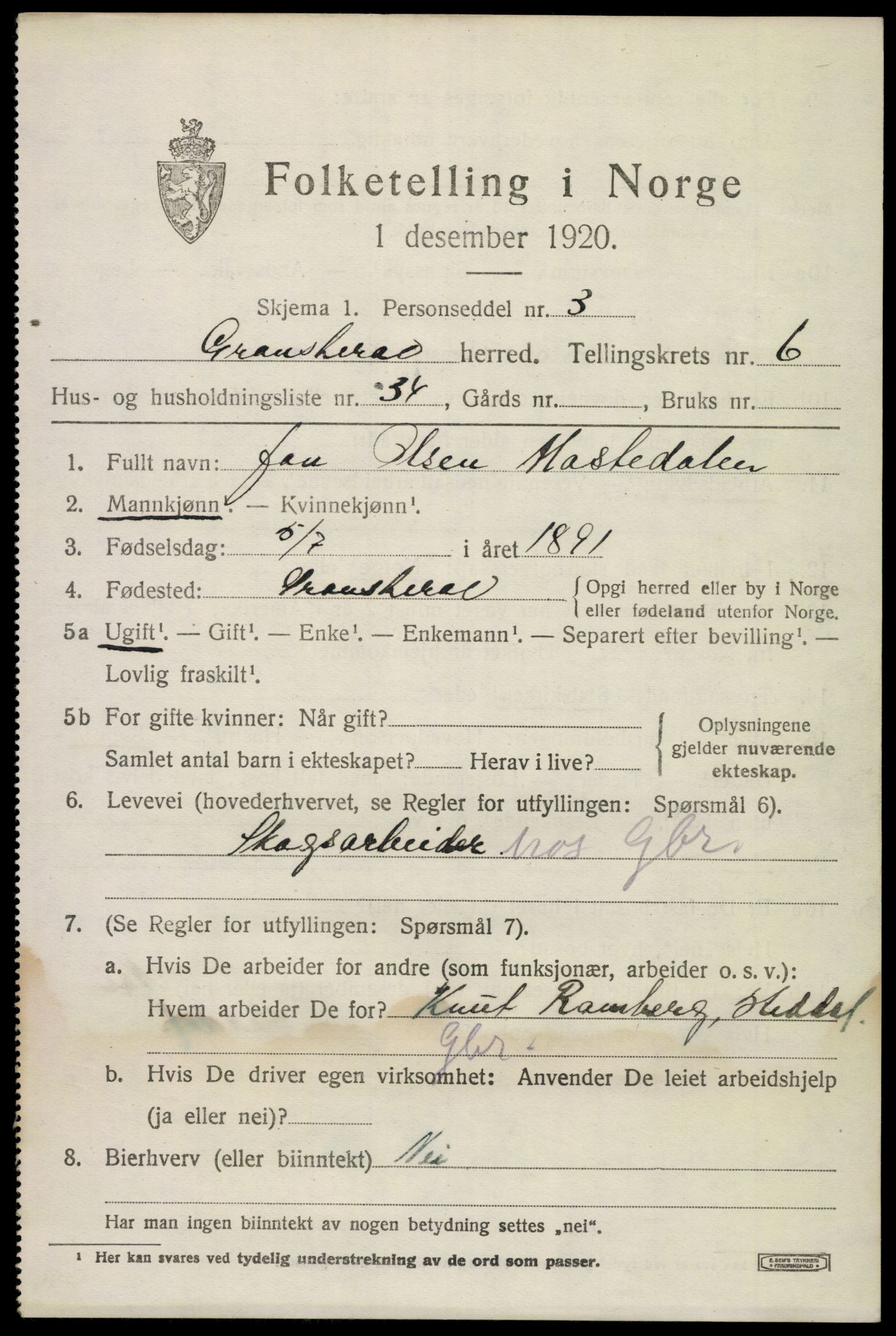 SAKO, 1920 census for Gransherad, 1920, p. 2718