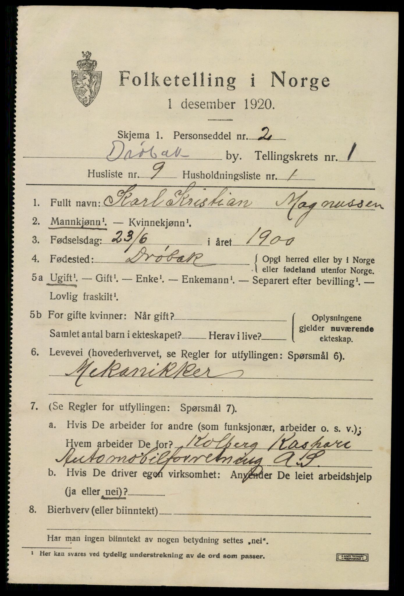 SAO, 1920 census for Drøbak, 1920, p. 2085