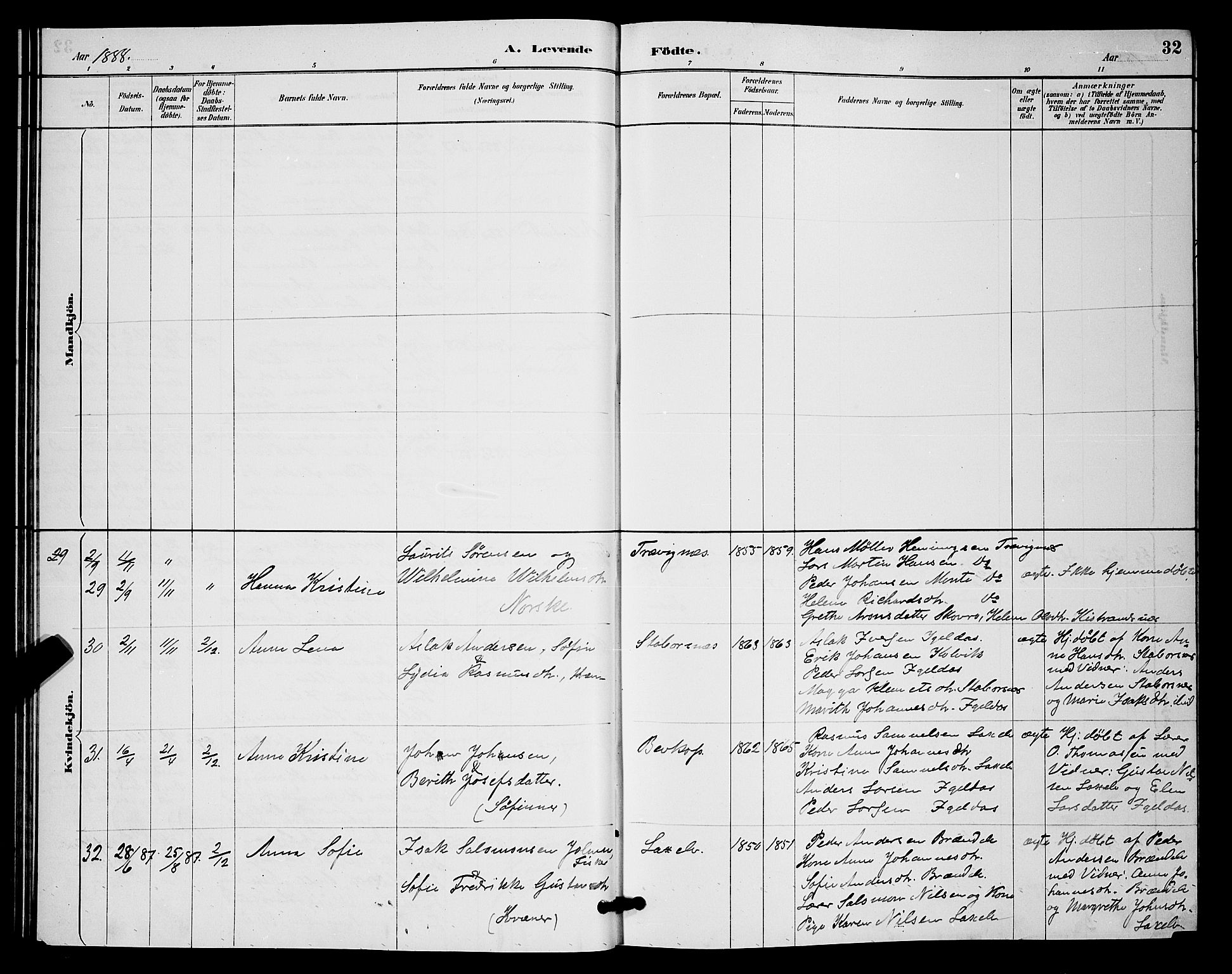 Kistrand/Porsanger sokneprestembete, AV/SATØ-S-1351/H/Hb/L0004.klokk: Parish register (copy) no. 4, 1885-1894, p. 32