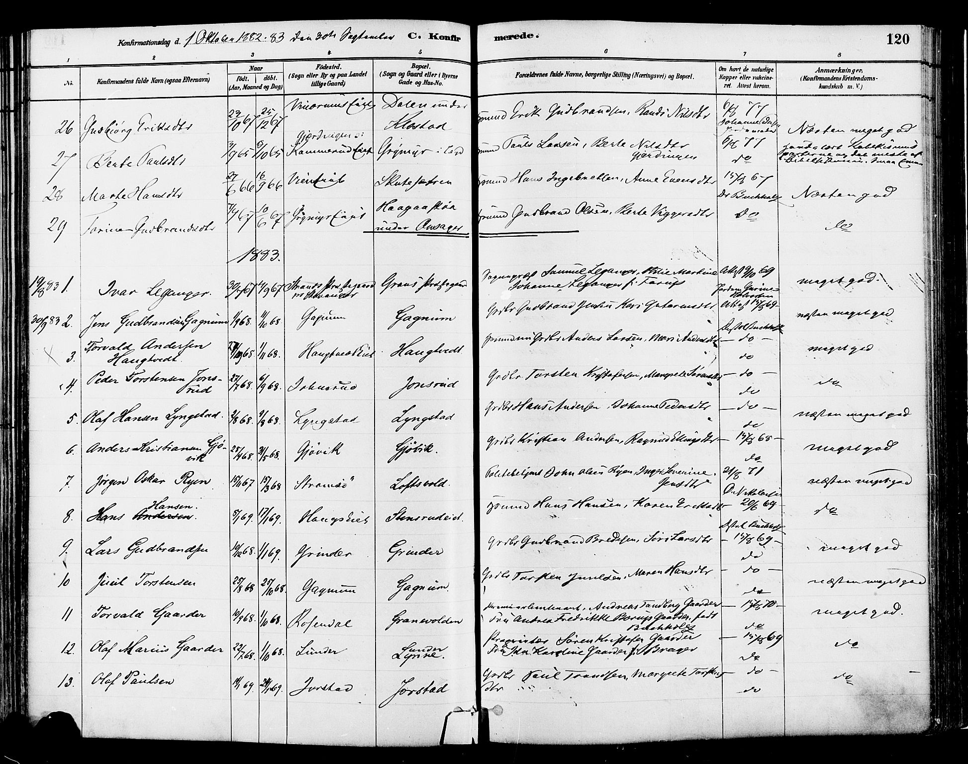 Gran prestekontor, SAH/PREST-112/H/Ha/Haa/L0014: Parish register (official) no. 14, 1880-1889, p. 120