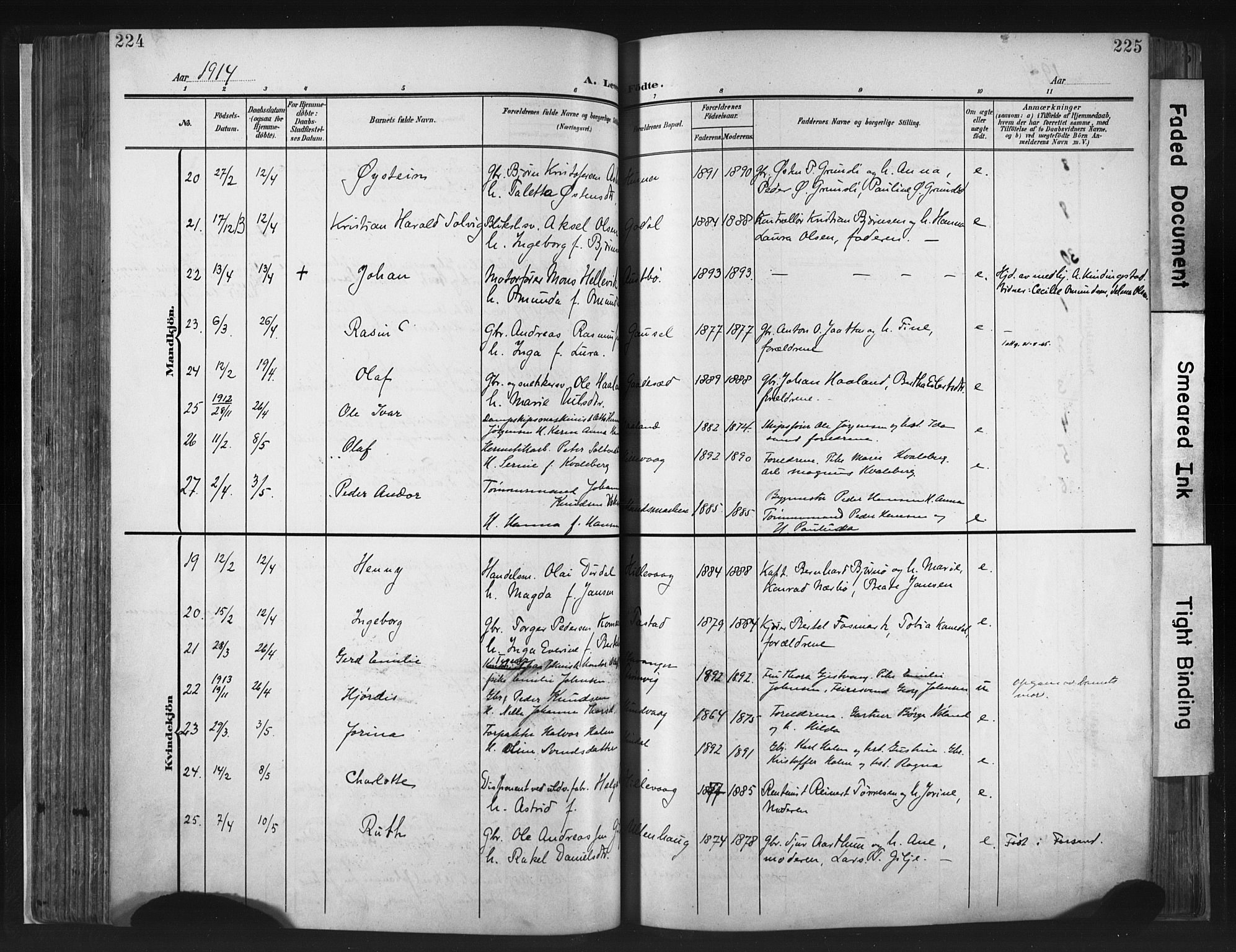 Hetland sokneprestkontor, AV/SAST-A-101826/30/30BA/L0013: Parish register (official) no. A 13, 1904-1918, p. 224-225