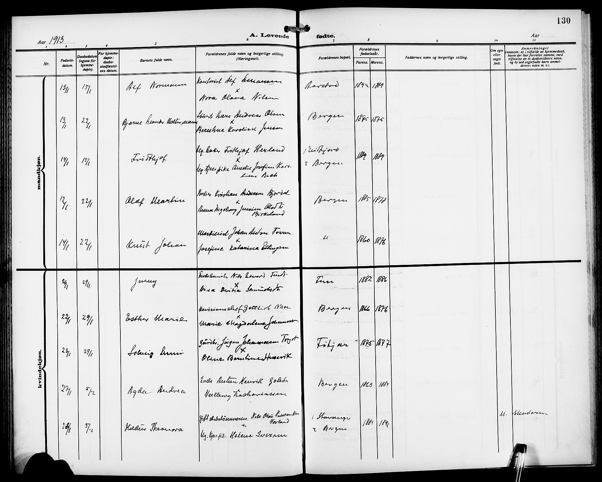 Fødselsstiftelsens sokneprestembete*, SAB/-: Parish register (copy) no. A 2, 1909-1916, p. 130