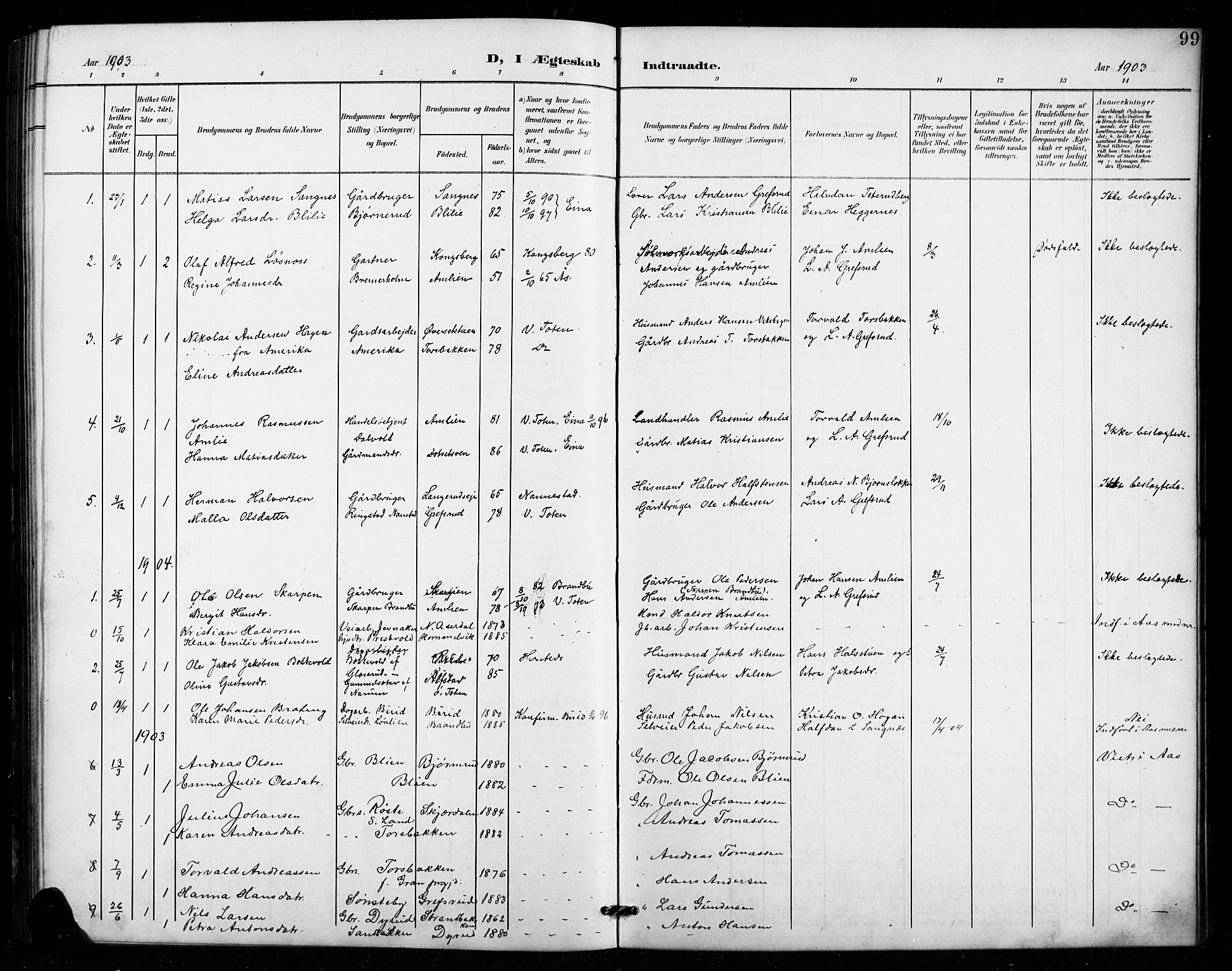 Vestre Toten prestekontor, SAH/PREST-108/H/Ha/Hab/L0016: Parish register (copy) no. 16, 1901-1915, p. 99