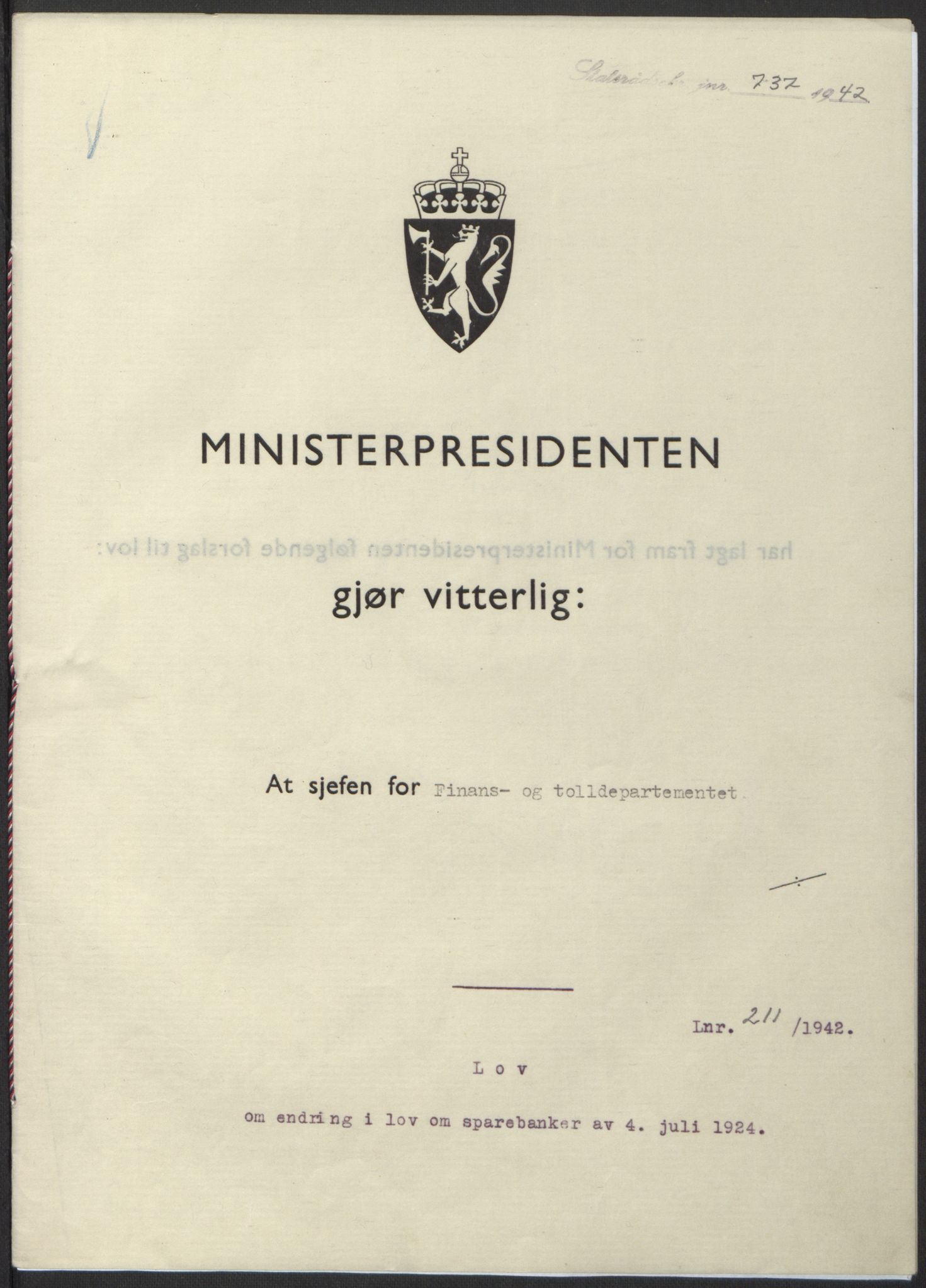 NS-administrasjonen 1940-1945 (Statsrådsekretariatet, de kommisariske statsråder mm), RA/S-4279/D/Db/L0098: Lover II, 1942, p. 466