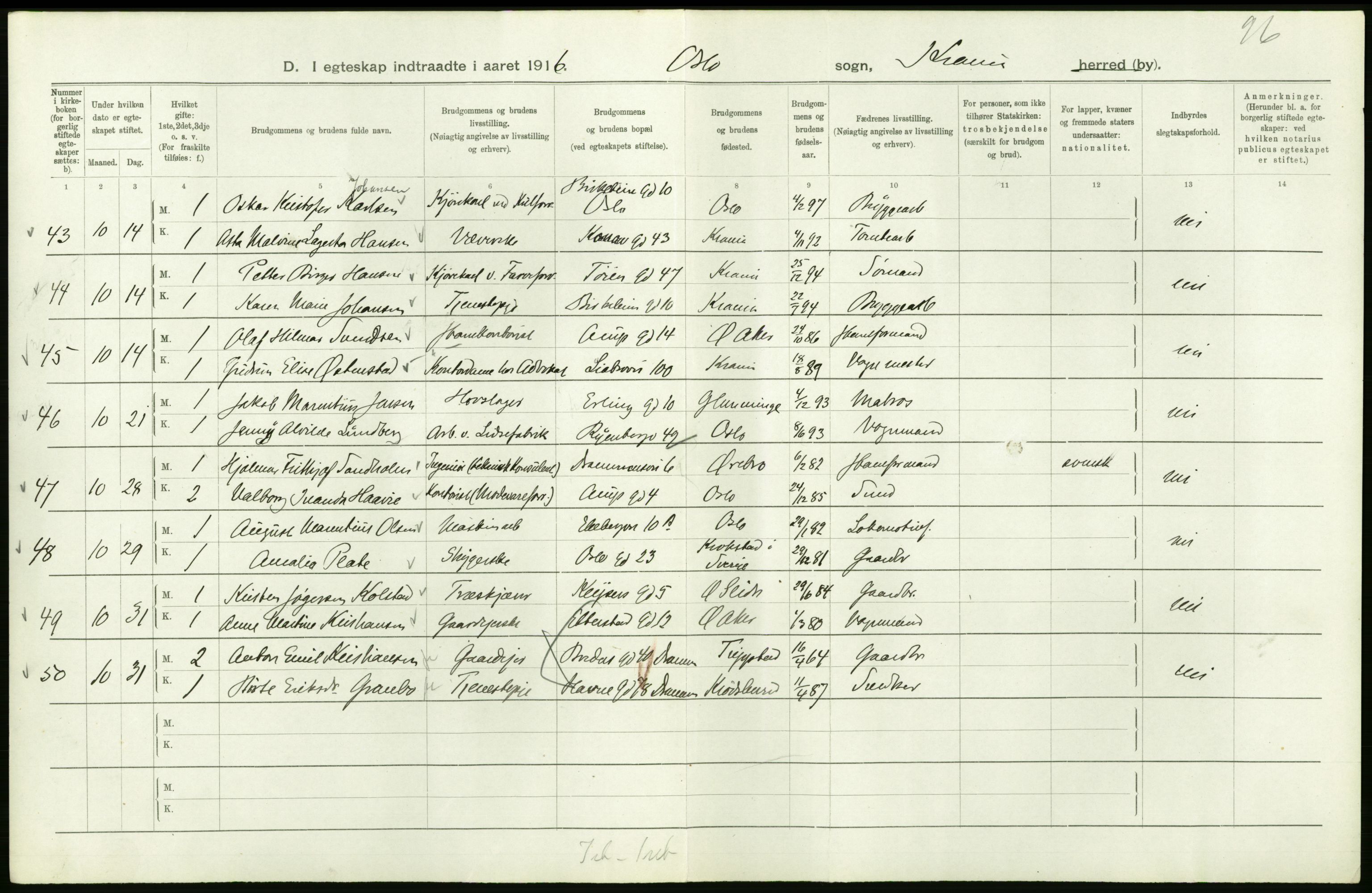 Statistisk sentralbyrå, Sosiodemografiske emner, Befolkning, AV/RA-S-2228/D/Df/Dfb/Dfbf/L0008: Kristiania: Gifte, 1916, p. 848