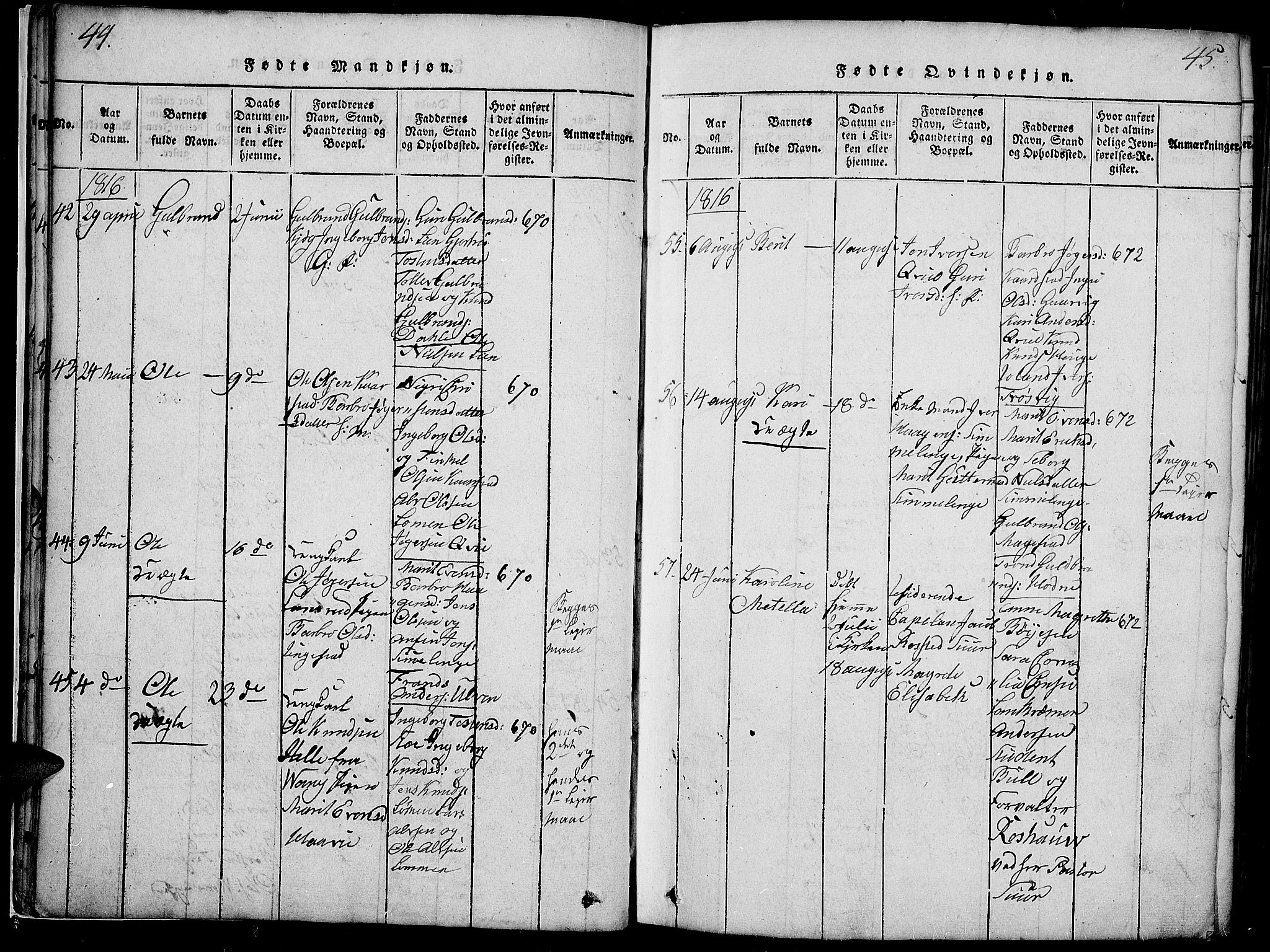 Slidre prestekontor, SAH/PREST-134/H/Ha/Haa/L0002: Parish register (official) no. 2, 1814-1830, p. 44-45
