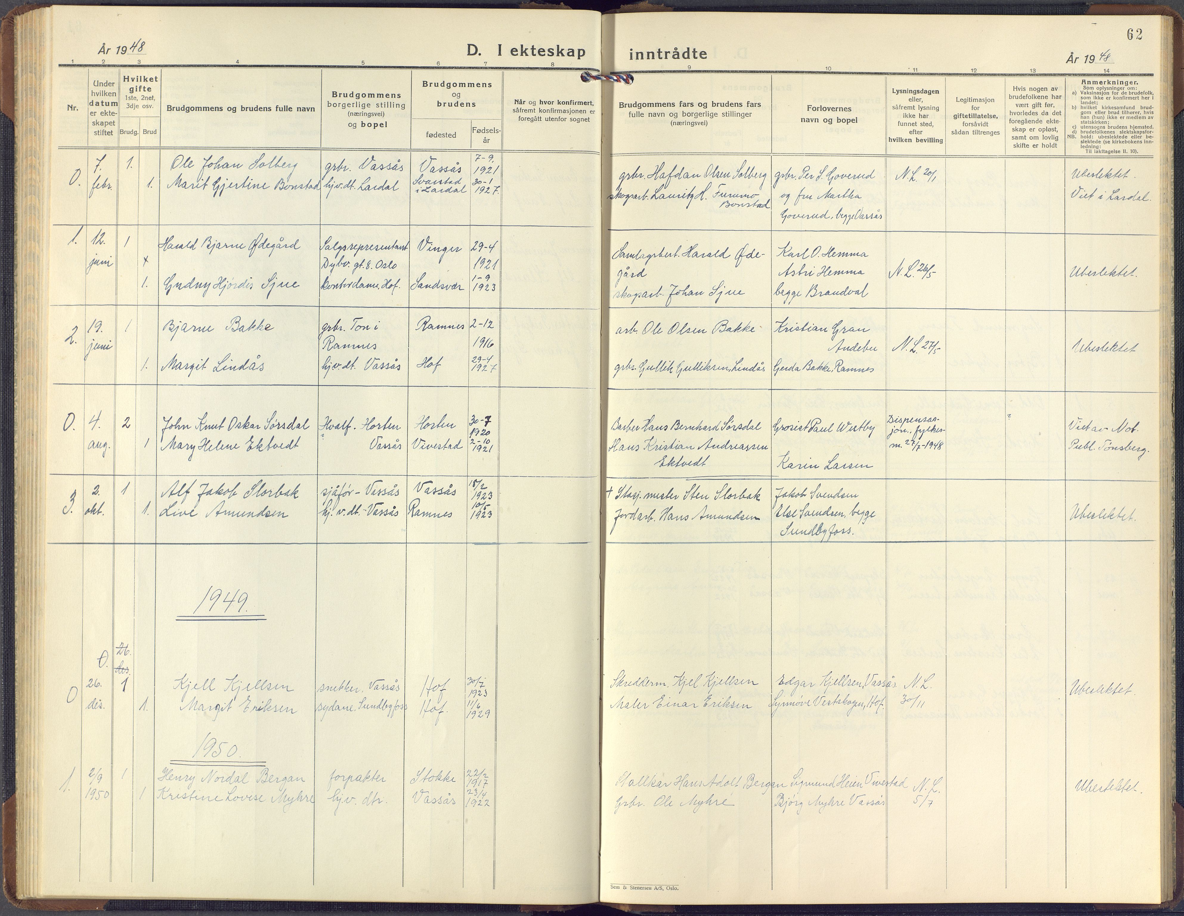 Hof kirkebøker, AV/SAKO-A-64/F/Fb/L0002: Parish register (official) no. II 2, 1932-1959, p. 62