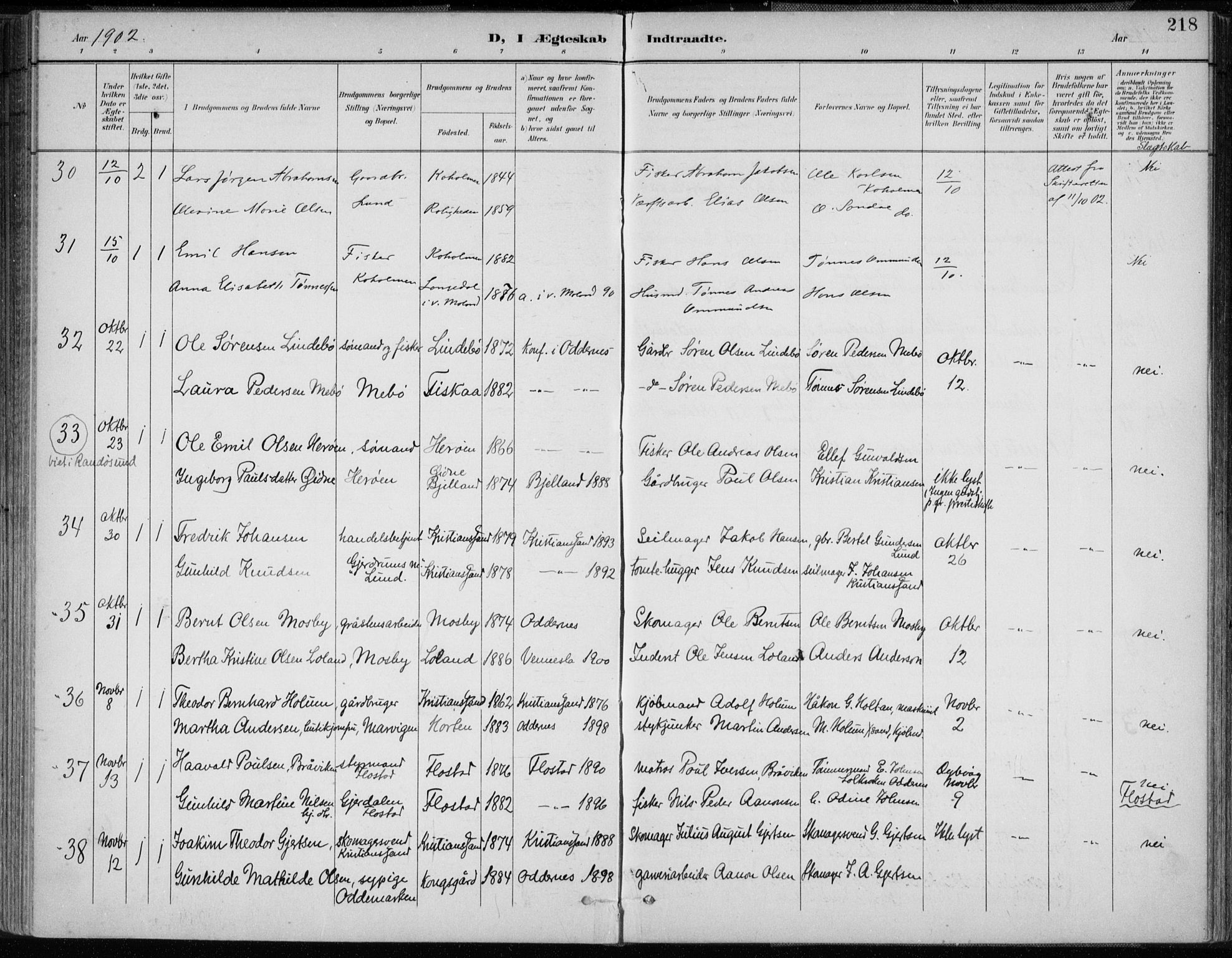 Oddernes sokneprestkontor, AV/SAK-1111-0033/F/Fa/Faa/L0010: Parish register (official) no. A 10, 1897-1911, p. 218