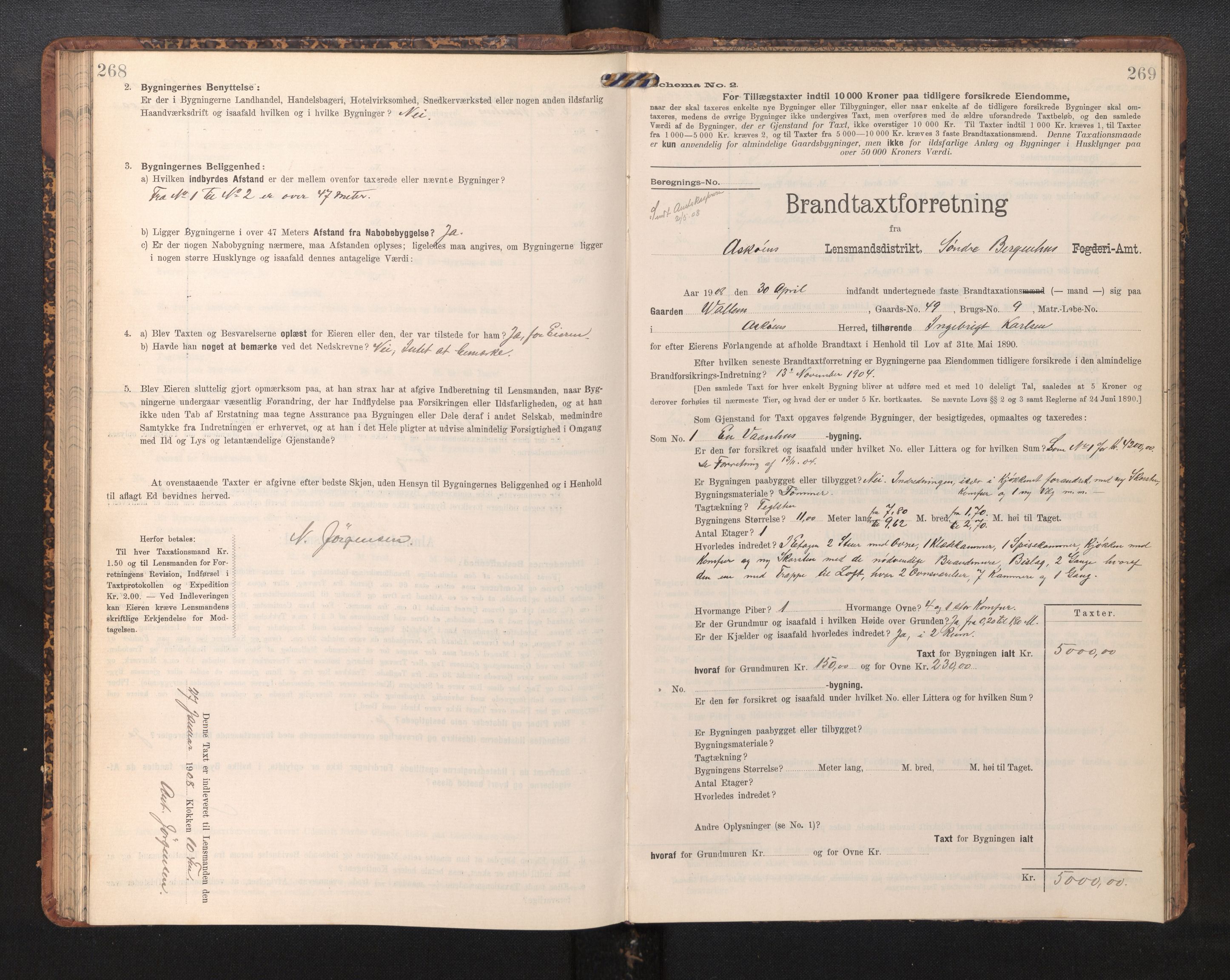 Lensmannen i Askøy, AV/SAB-A-31001/0012/L0006: Branntakstprotokoll, skjematakst, Laksevåg, 1907-1917, p. 268-269