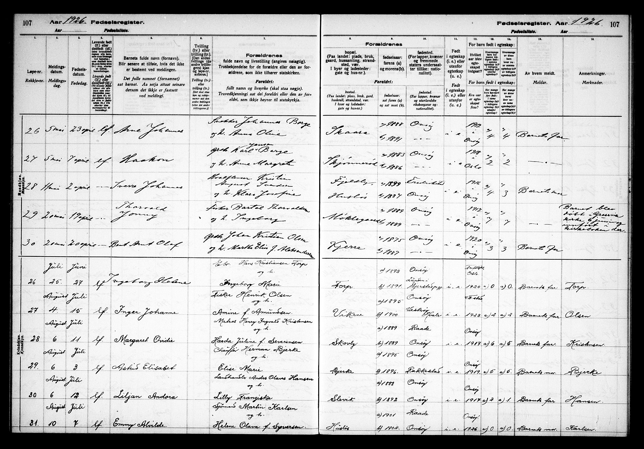 Onsøy prestekontor Kirkebøker, AV/SAO-A-10914/J/Ja/L0001: Birth register no. I 1, 1916-1937, p. 107