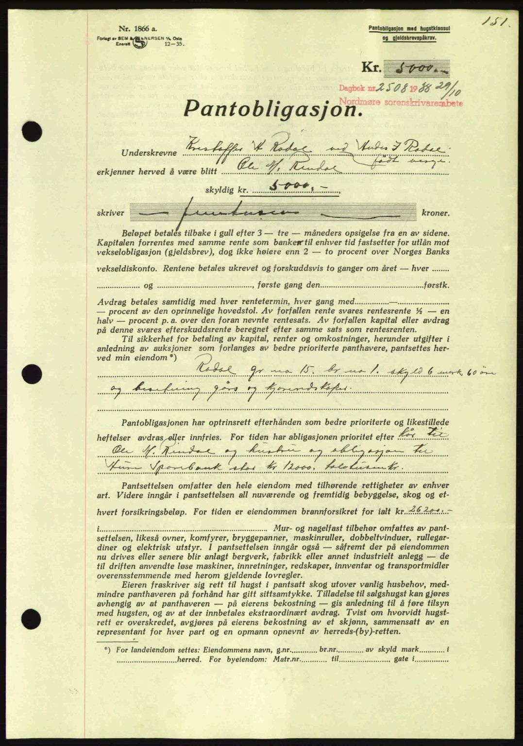 Nordmøre sorenskriveri, SAT/A-4132/1/2/2Ca: Mortgage book no. B84, 1938-1939, Diary no: : 2508/1938