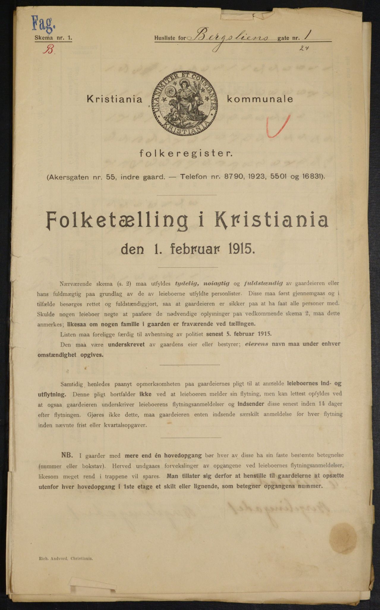 OBA, Municipal Census 1915 for Kristiania, 1915, p. 4055