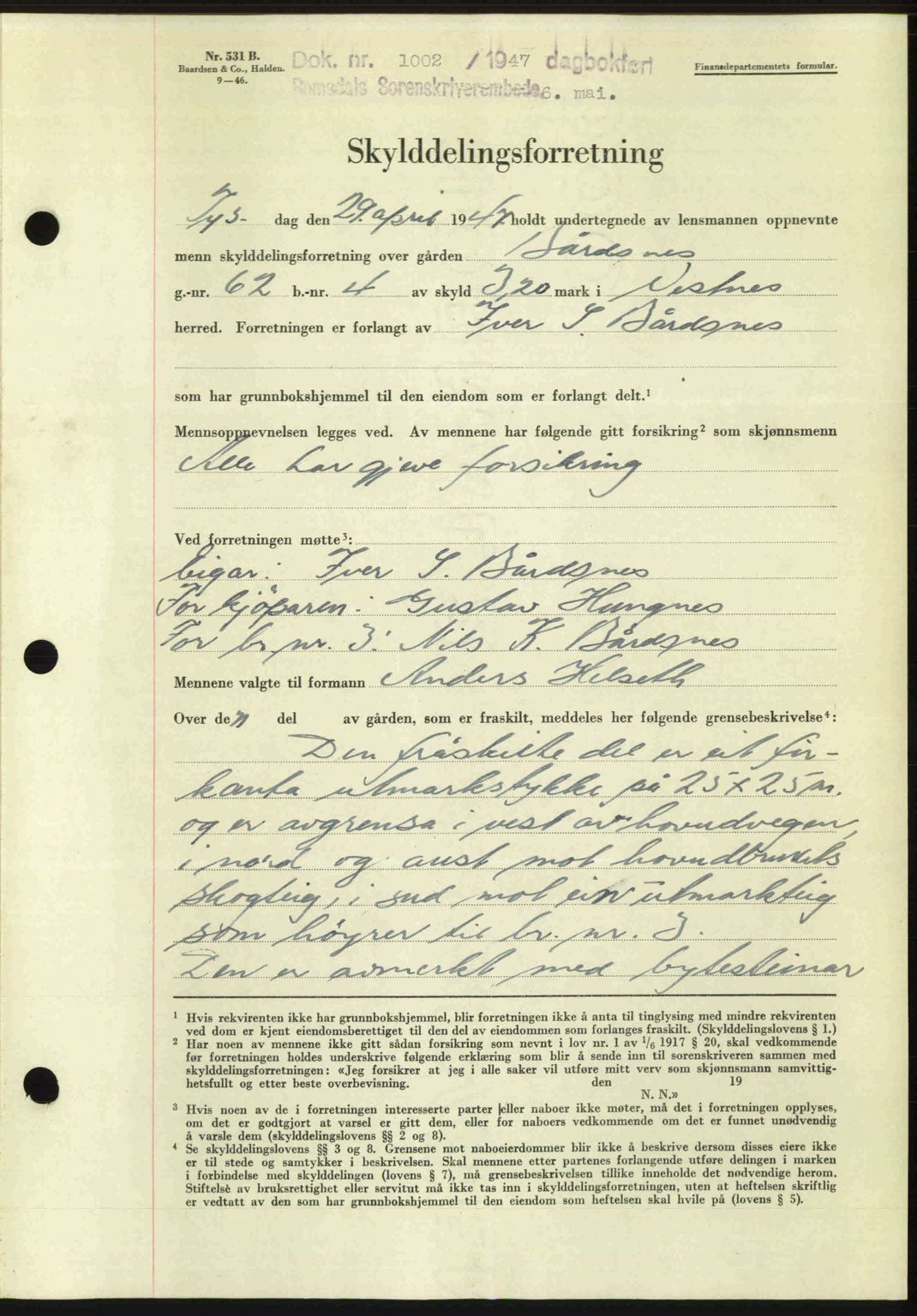 Romsdal sorenskriveri, AV/SAT-A-4149/1/2/2C: Mortgage book no. A22, 1947-1947, Diary no: : 1002/1947