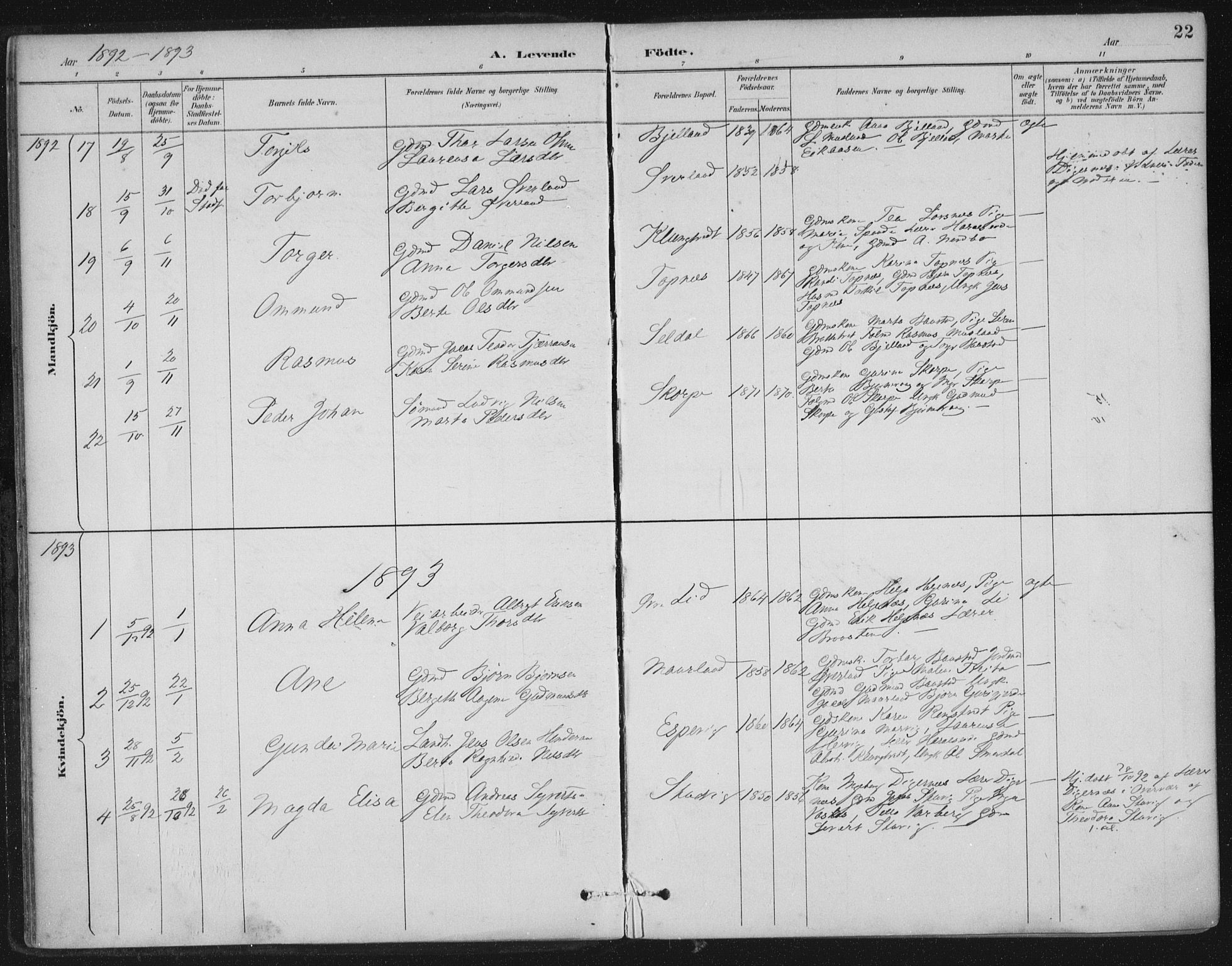 Nedstrand sokneprestkontor, SAST/A-101841/01/IV: Parish register (official) no. A 12, 1887-1915, p. 22