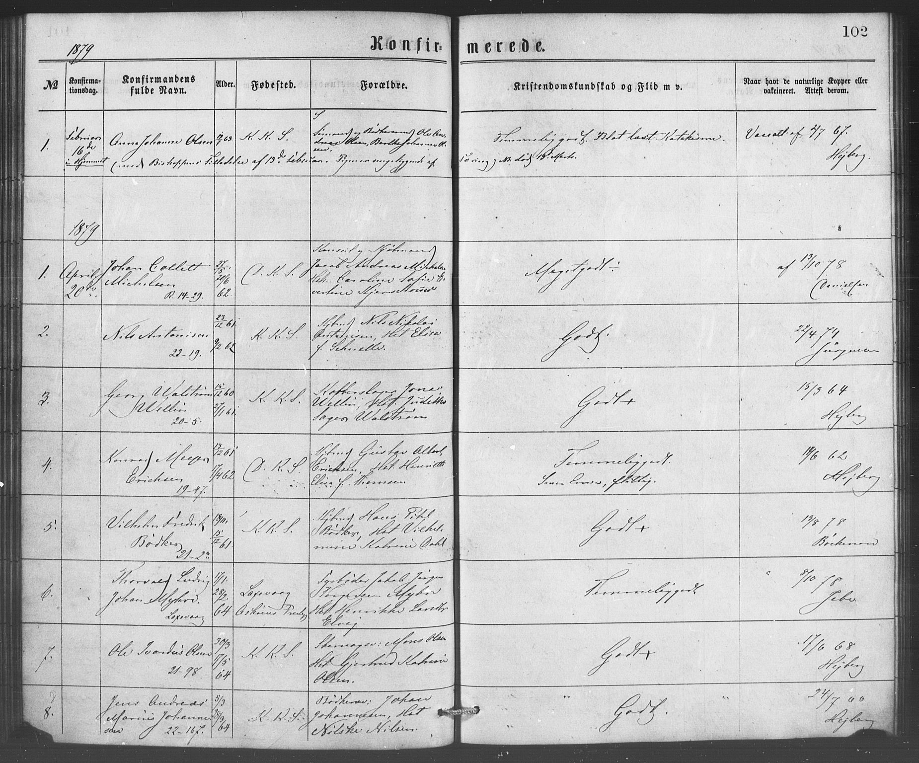 Korskirken sokneprestembete, SAB/A-76101/H/Haa/L0070: Curate's parish register no. A 5, 1869-1885, p. 102