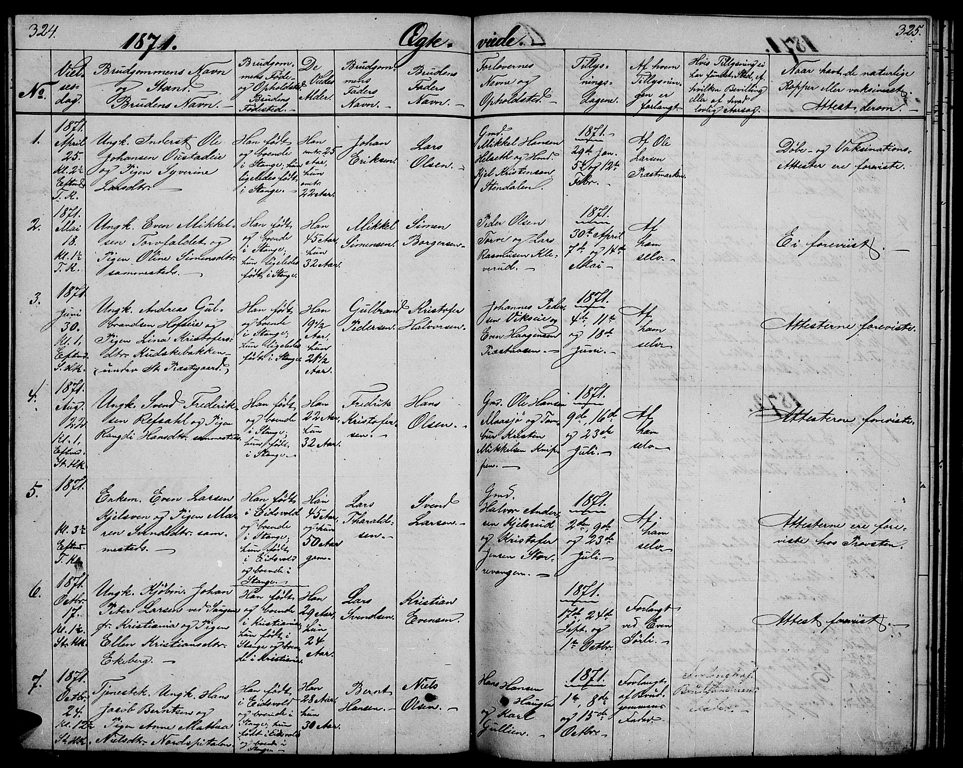Stange prestekontor, SAH/PREST-002/L/L0005: Parish register (copy) no. 5, 1861-1881, p. 324-325