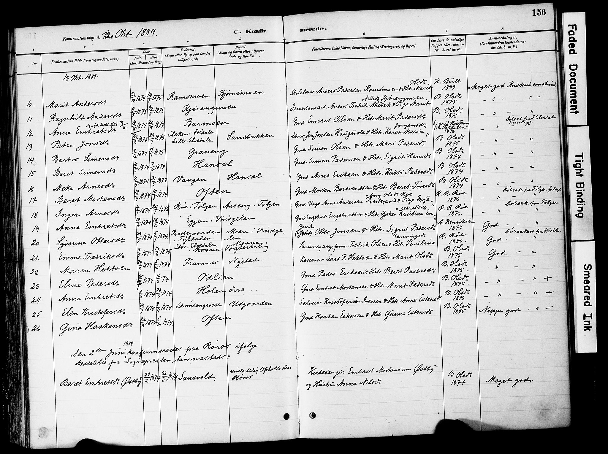 Tynset prestekontor, SAH/PREST-058/H/Ha/Haa/L0022: Parish register (official) no. 22, 1880-1899, p. 156