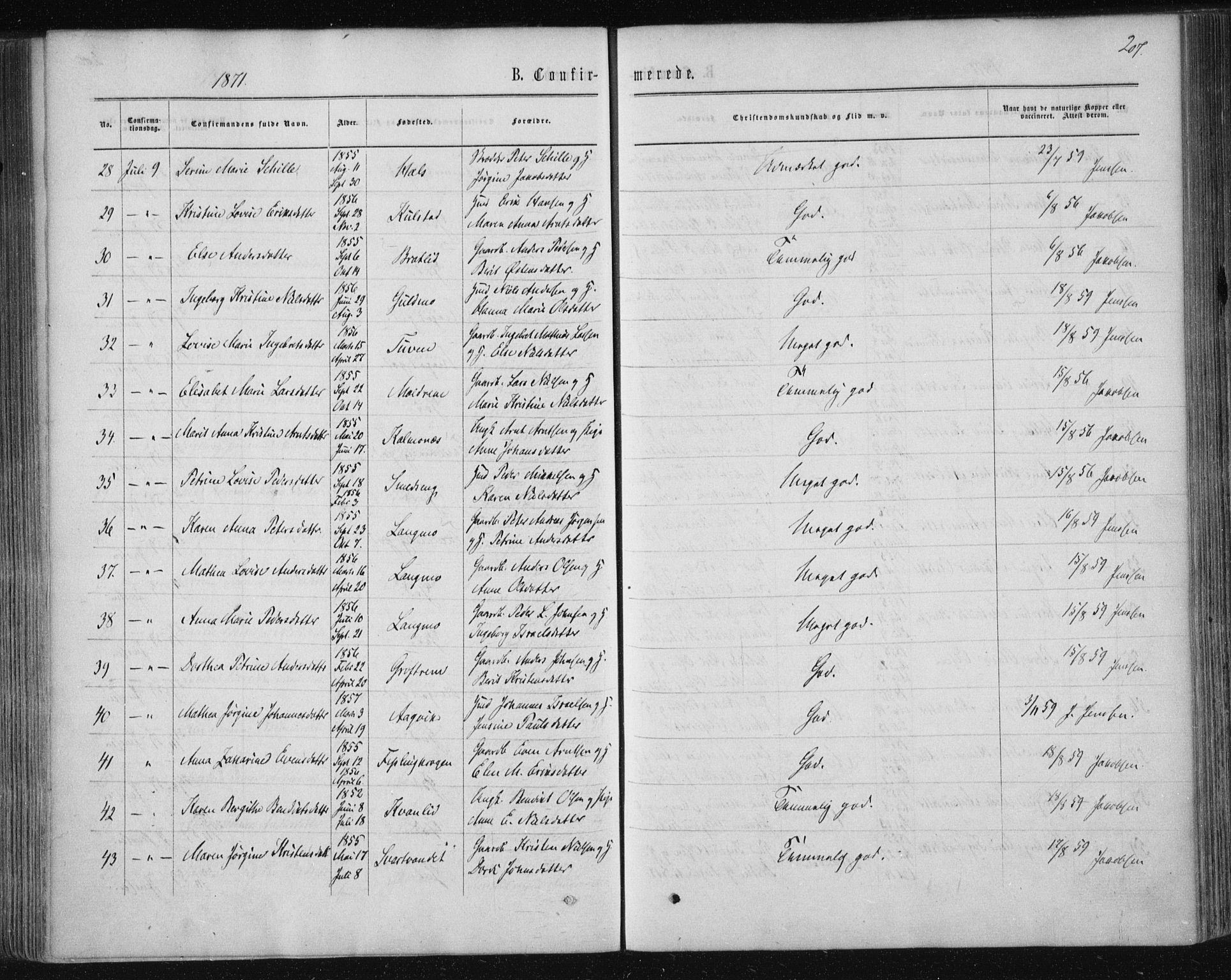 Ministerialprotokoller, klokkerbøker og fødselsregistre - Nordland, AV/SAT-A-1459/820/L0294: Parish register (official) no. 820A15, 1866-1879, p. 207