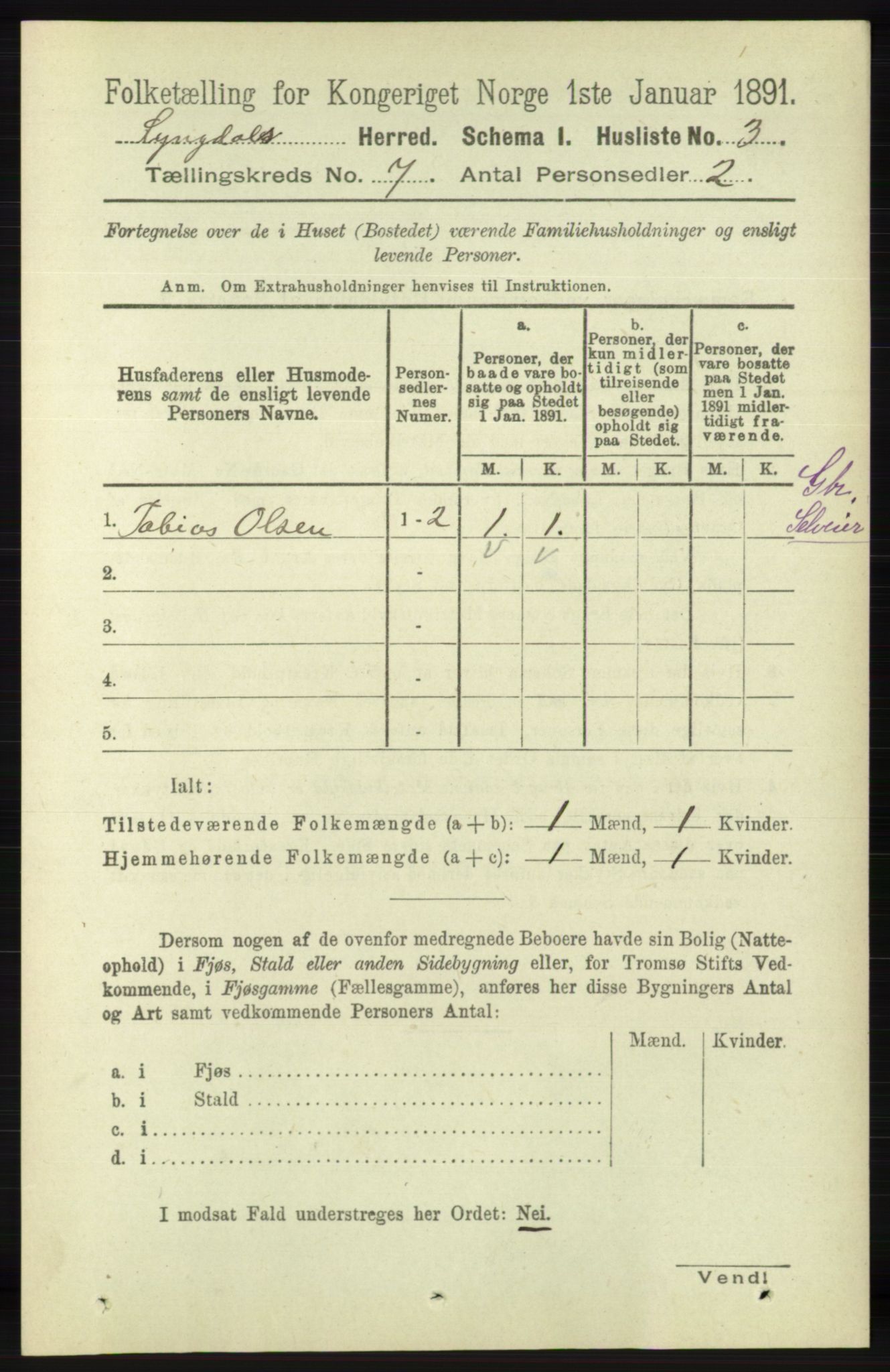 RA, 1891 census for 1032 Lyngdal, 1891, p. 2840