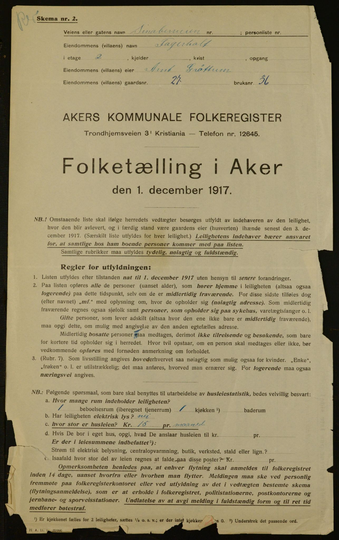 OBA, Municipal Census 1917 for Aker, 1917, p. 1302