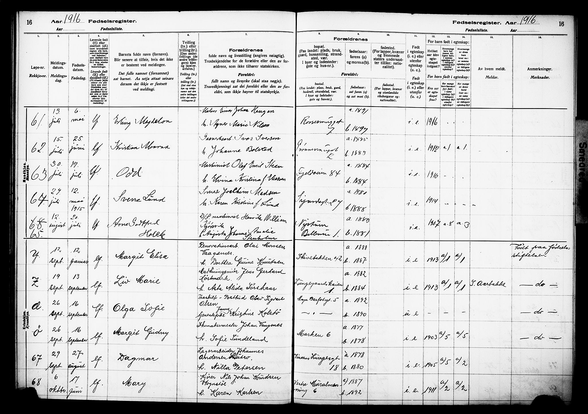 Domkirken sokneprestembete, AV/SAB-A-74801/I/Id/L00A1: Birth register no. A 1, 1916-1923, p. 16