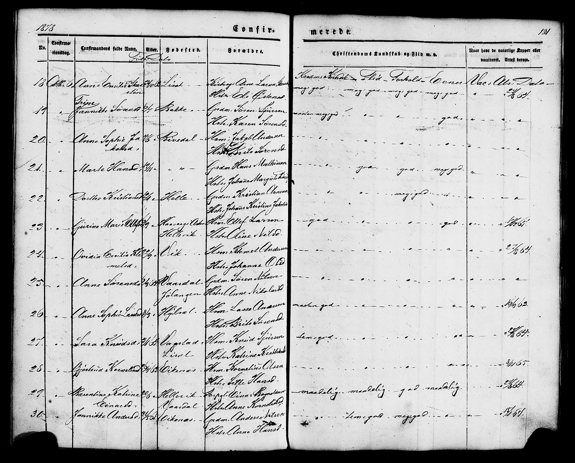 Fjaler sokneprestembete, SAB/A-79801/H/Haa/Haaa/L0008: Parish register (official) no. A 8, 1850-1886, p. 131
