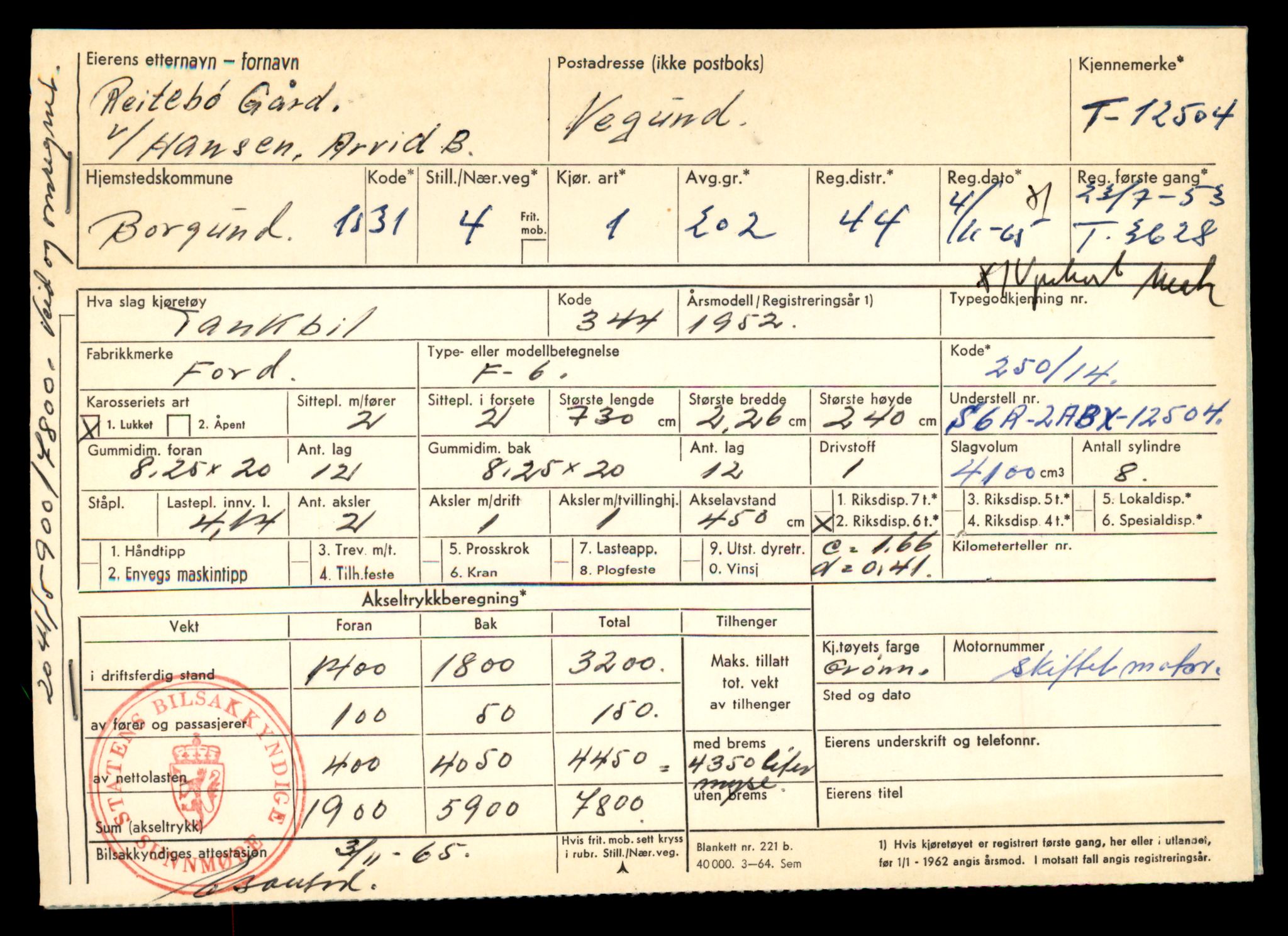 Møre og Romsdal vegkontor - Ålesund trafikkstasjon, AV/SAT-A-4099/F/Fe/L0034: Registreringskort for kjøretøy T 12500 - T 12652, 1927-1998, p. 103