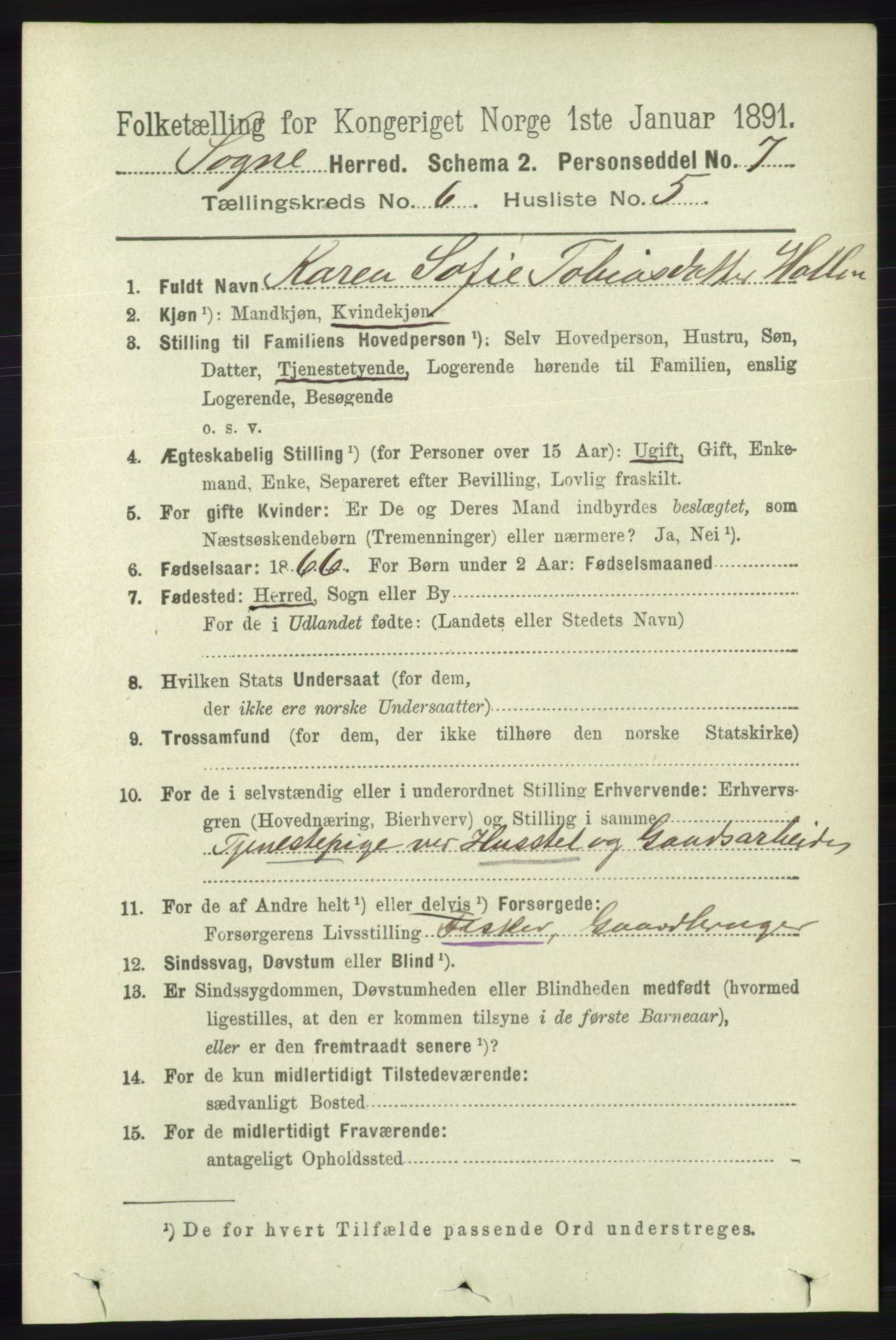 RA, 1891 census for 1018 Søgne, 1891, p. 1396