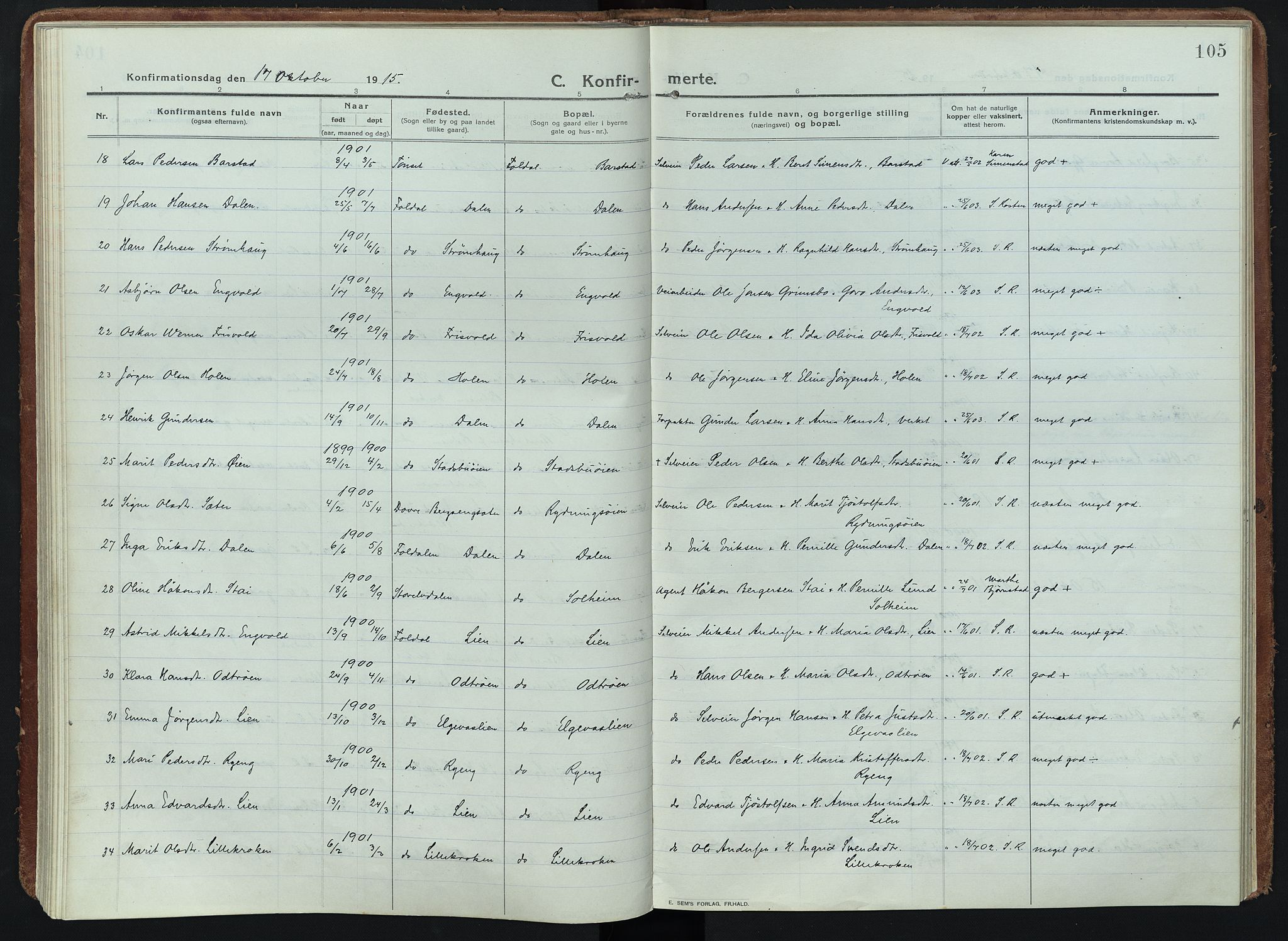 Alvdal prestekontor, SAH/PREST-060/H/Ha/Haa/L0005: Parish register (official) no. 5, 1913-1930, p. 105